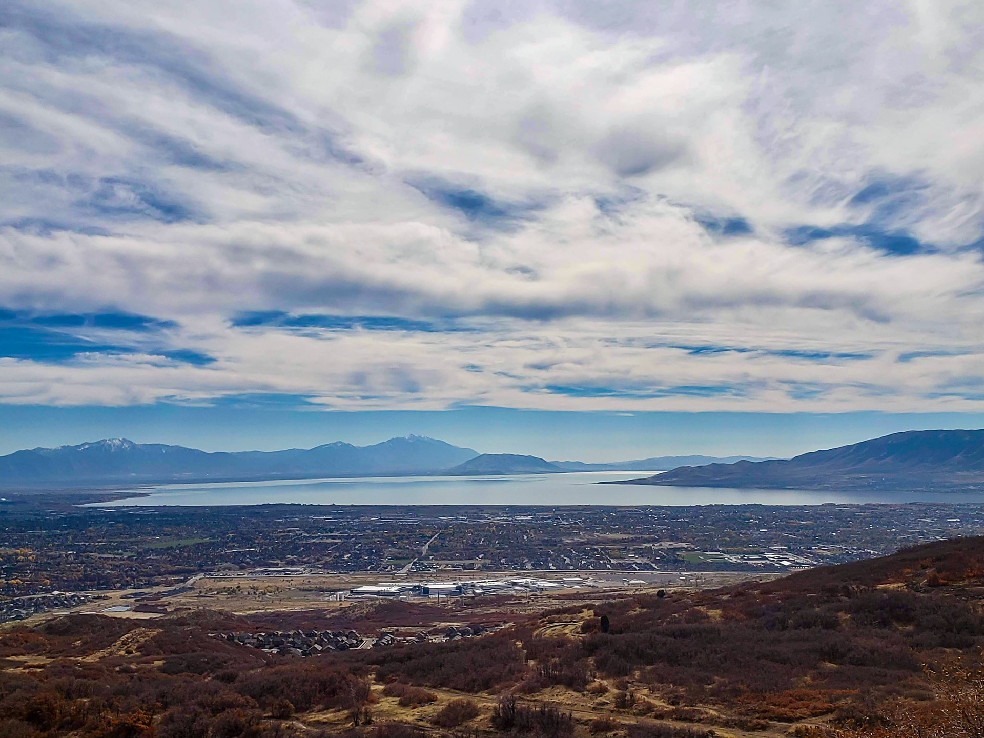 Draper, UT, US - Oct 28, 2018: Utah Valley and Utah Lake seen from the Bonneville Shoreline