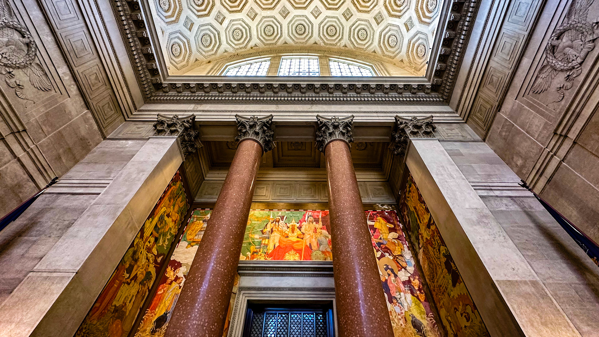 New York, NY, US - Jan 28, 2023: Columns and ceiling of Theodore Roosevelt Rotunda at American Museum of Natural History