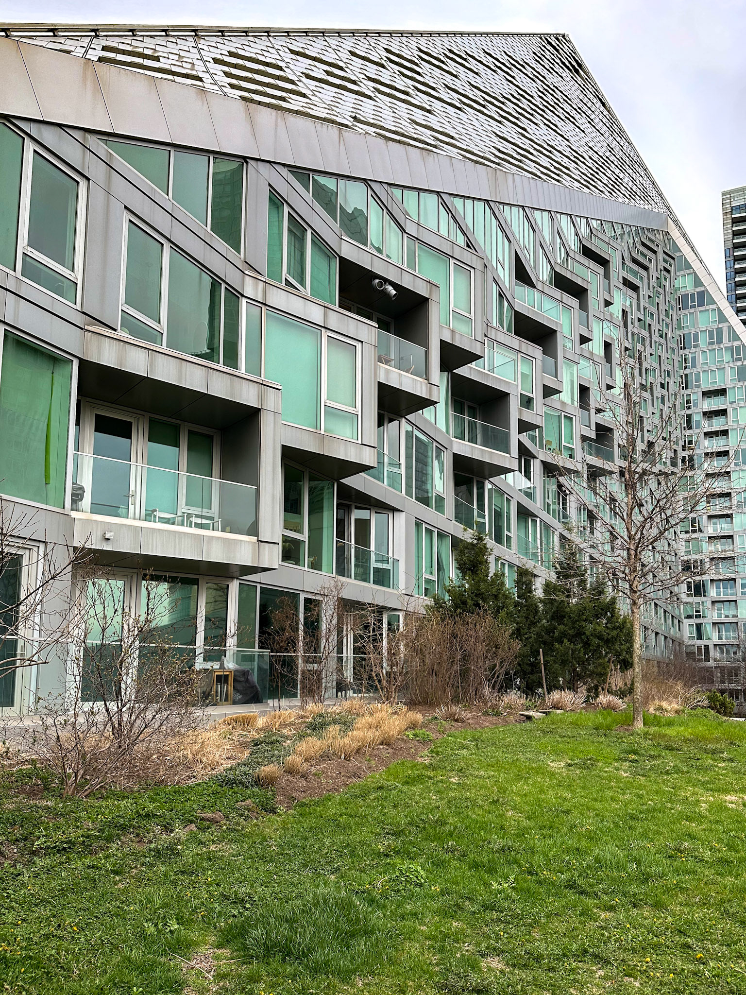 New York, NY, US - Apr 1, 2024: Apartment balconies and interior garden at Via 57 West
