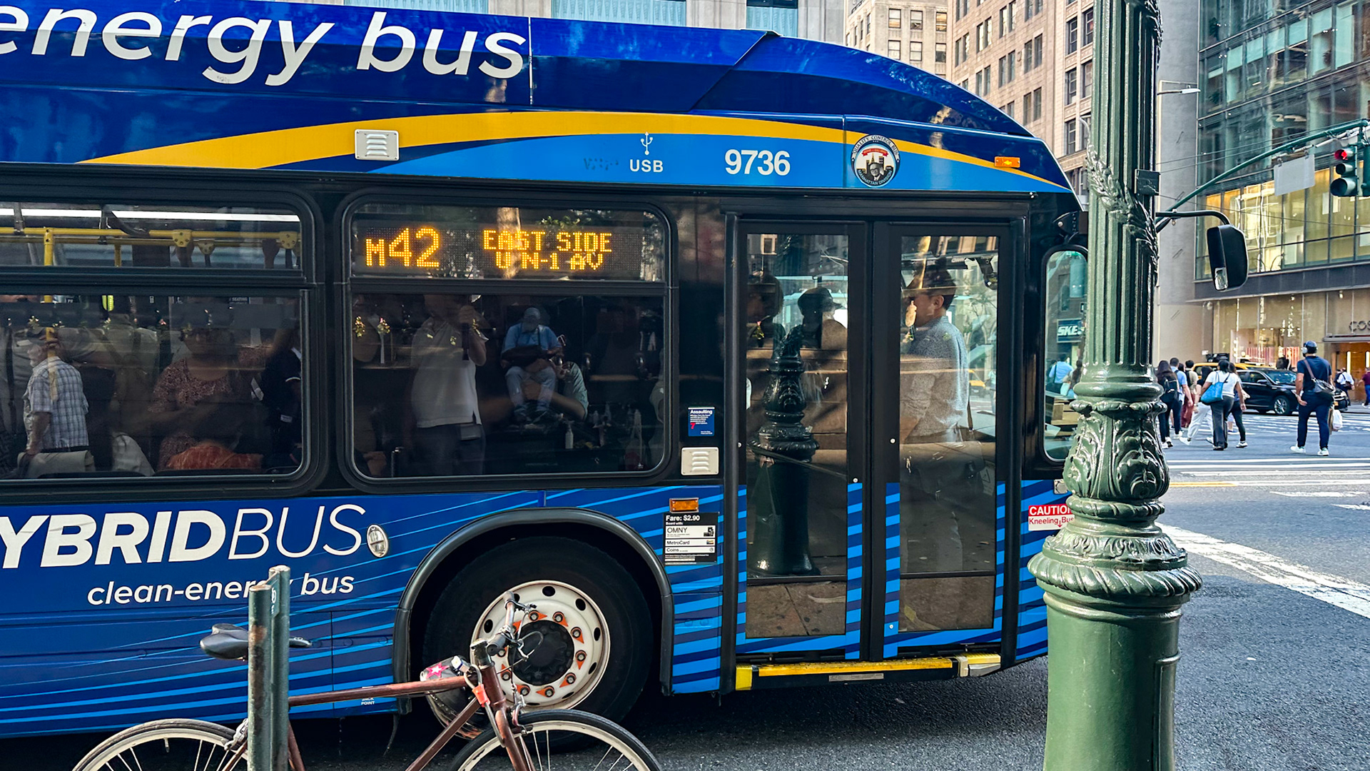 New York, NY, US - Sep 7, 2023: M42 bus too crowded to board