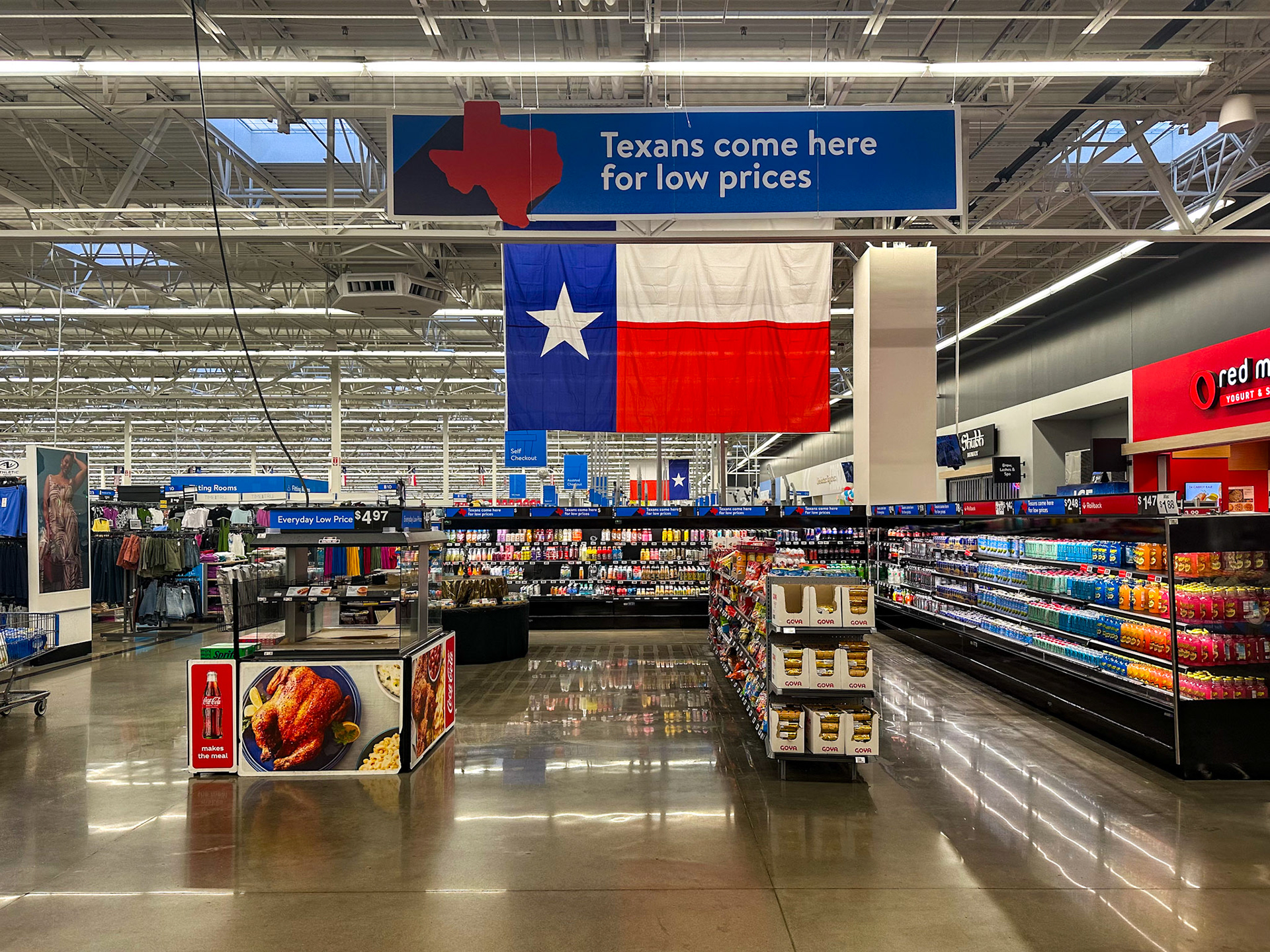 Frisco, TX, US - May 31, 2025: Texas flags on display in Walmart