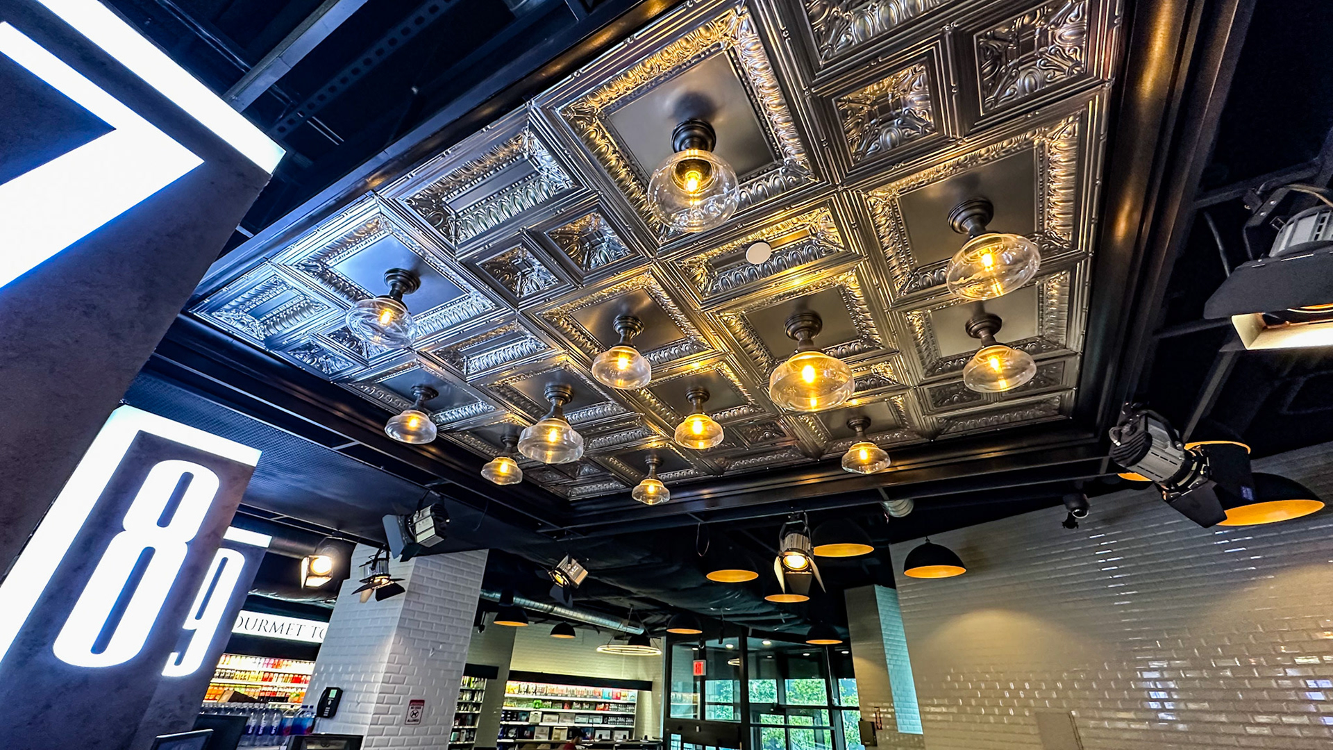 New York, NY, US - Aug 25, 2023: Decorative ceiling tiles in Manhattan supermarket