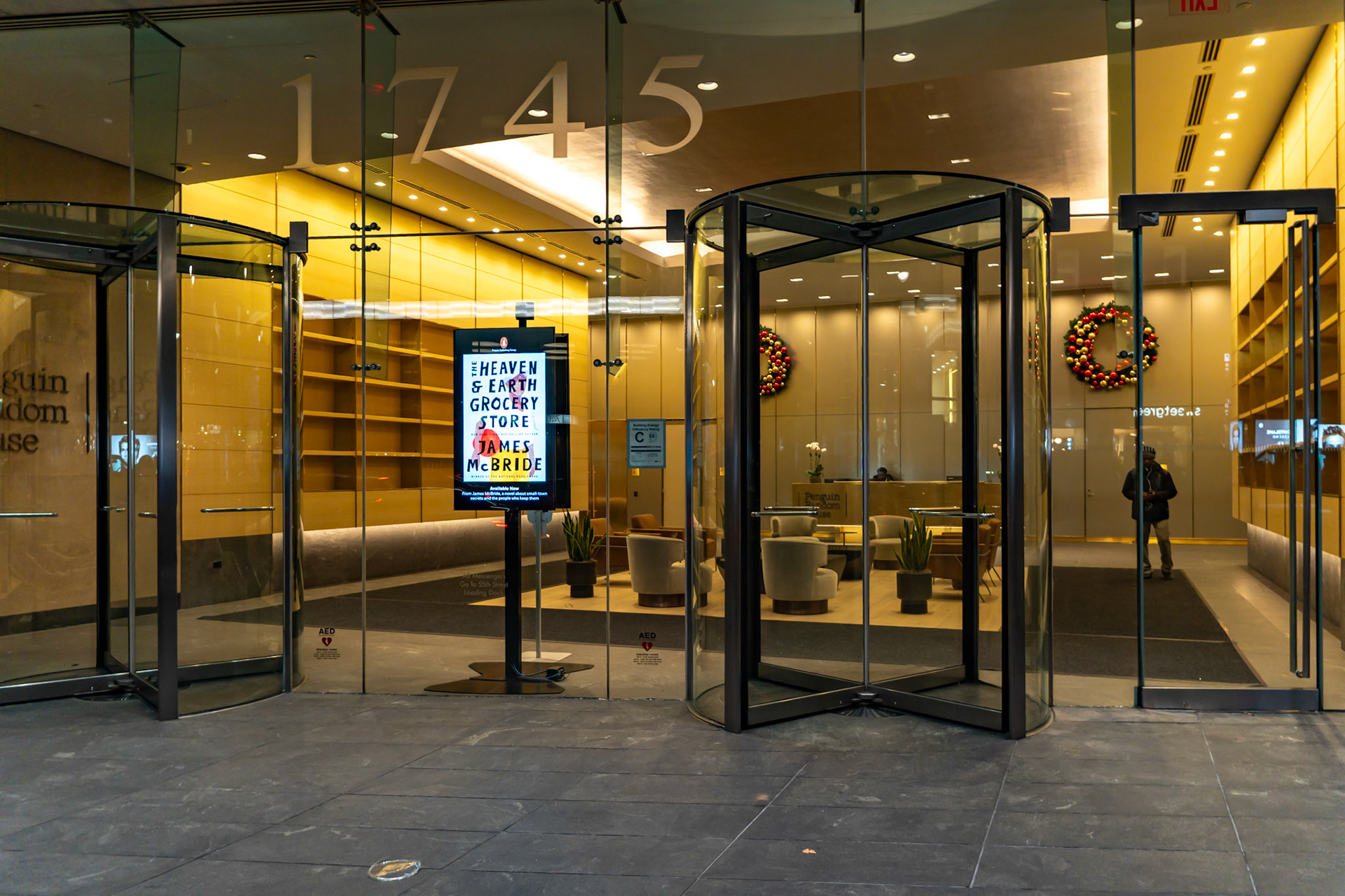 New York, NY, US - Dec 18, 2023: Penguin Random House lobby at night
