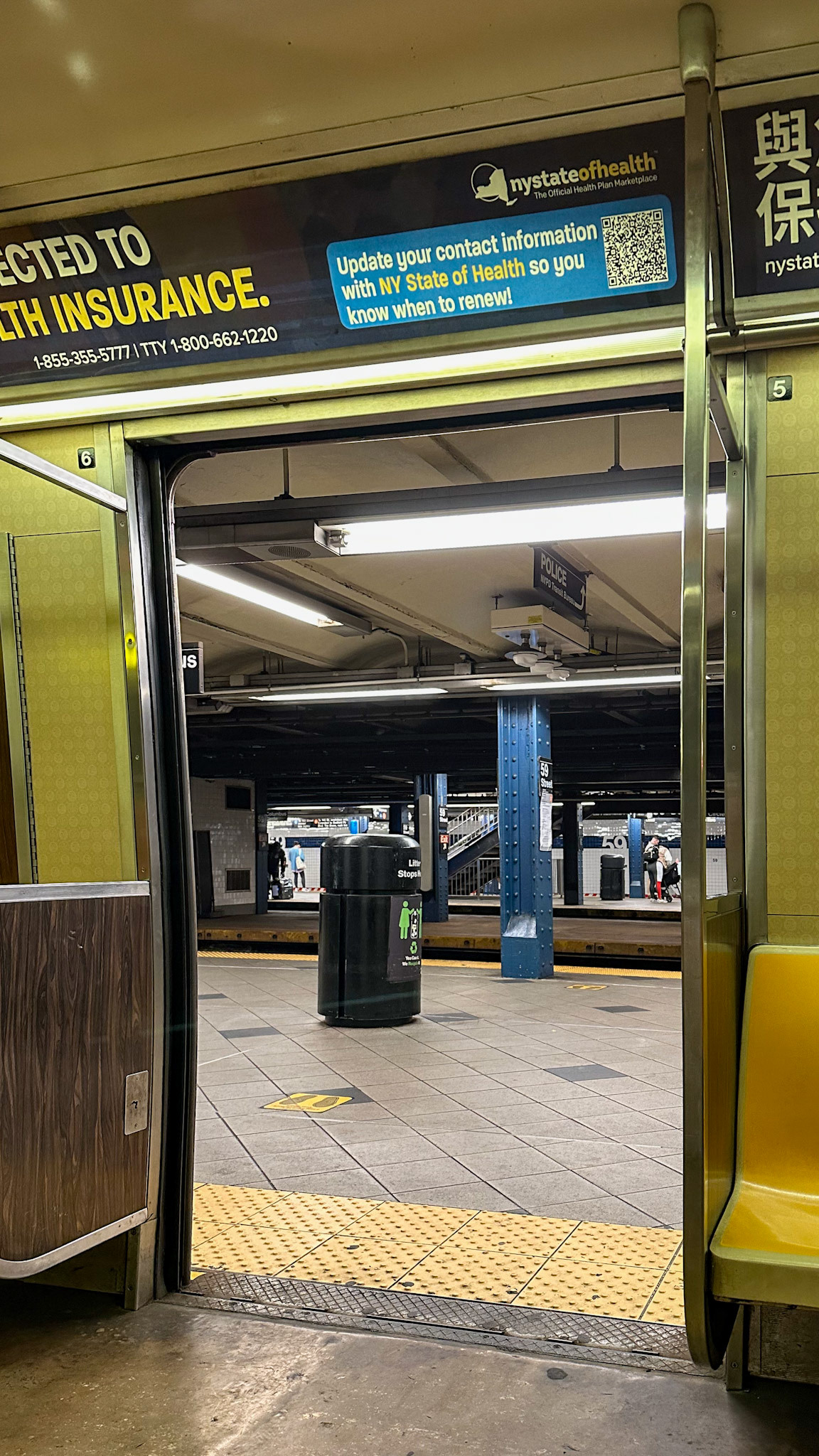 New York, NY, US - Apr 17, 2023: Open subway doors at 59 St-Columbus Circle subway station