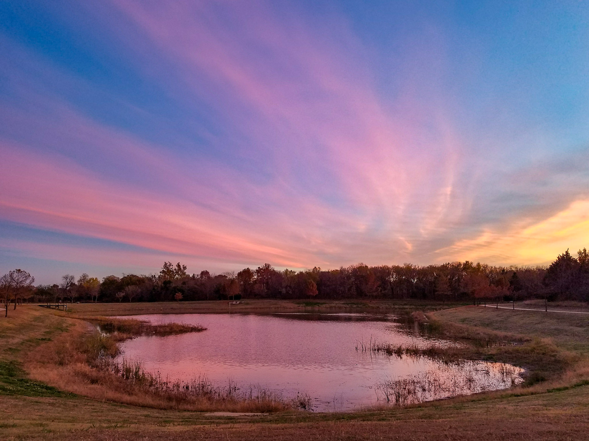 Garland, TX, US - Nov 24, 2017: Pink sunset reflected in large pond