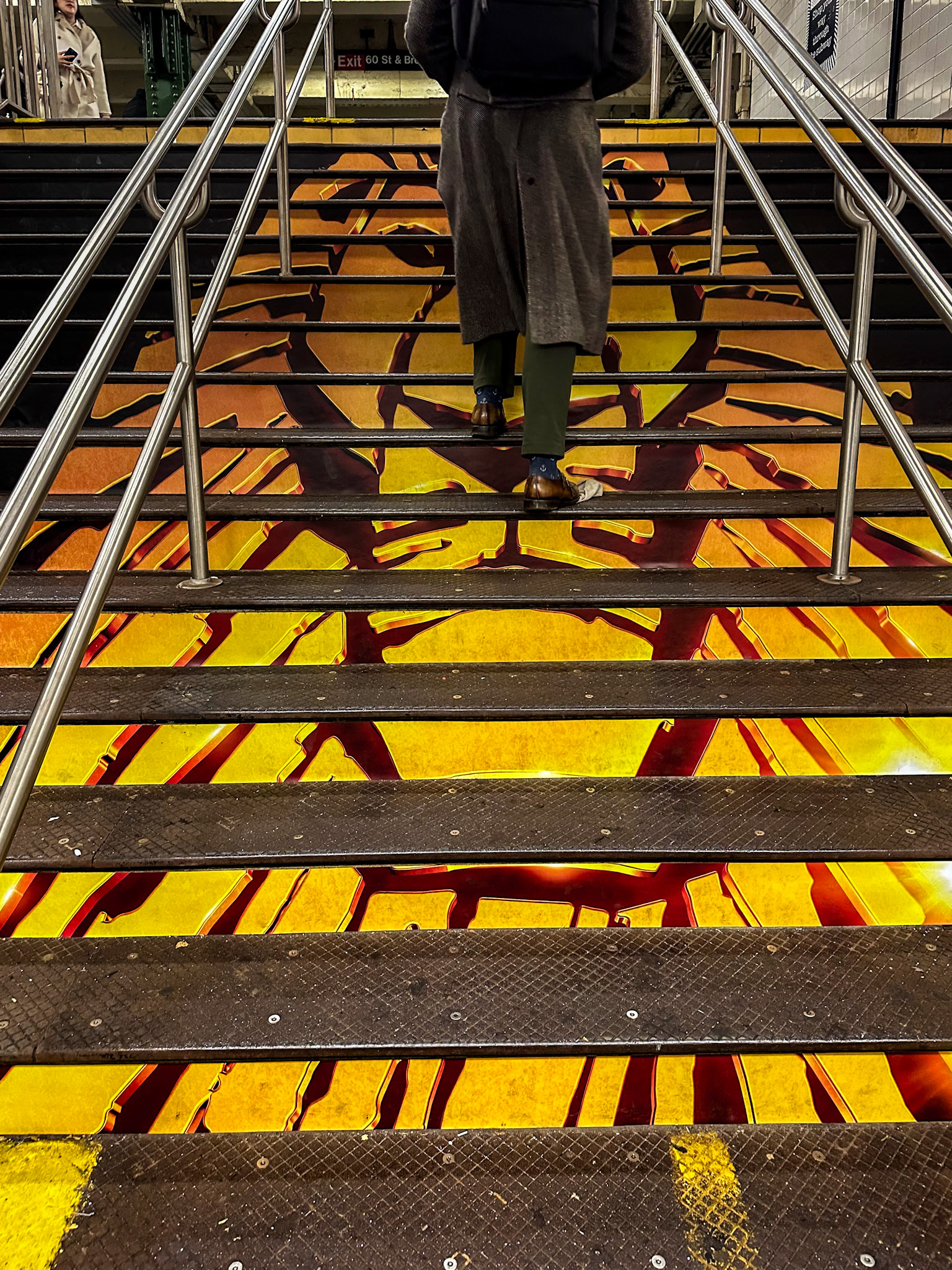 New York, NY, US - Dec 1, 2023: Advertisement for Lion King musical on steps at Columbus Circle subway station