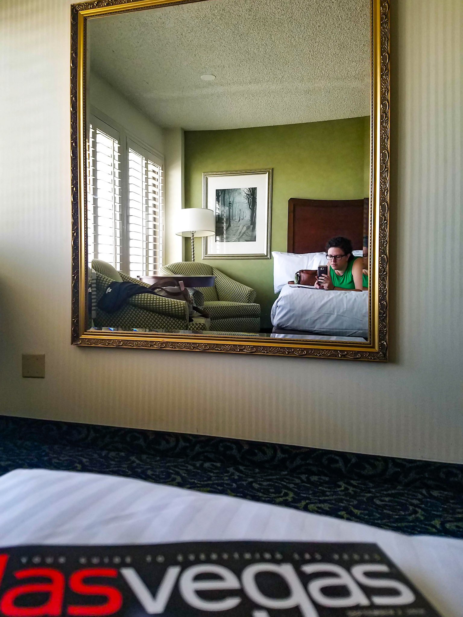 Las Vegas, NV, US - Sep 2, 2018: Hotel room in reflection of wall mirror