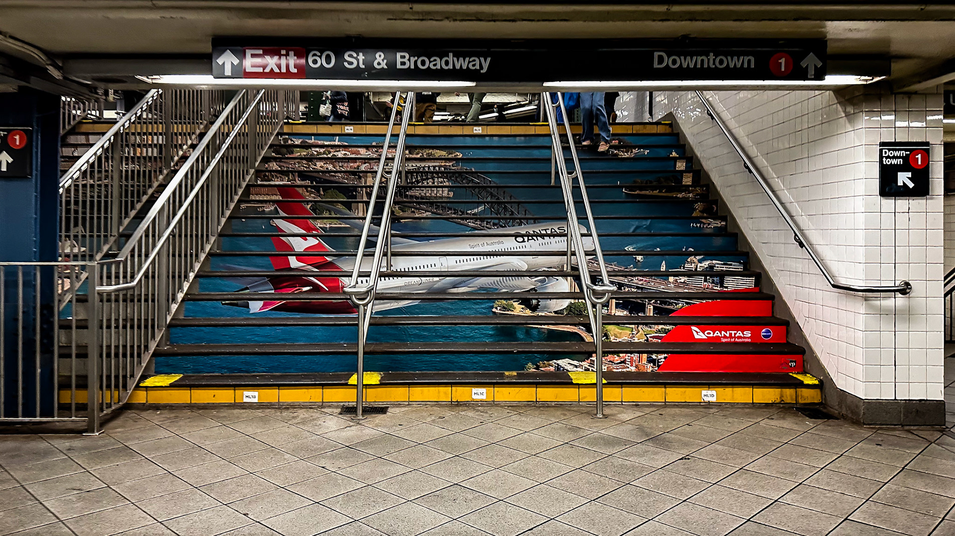New York, NY, US - May 22, 2023: Qantas ad on Columbus Circle stairs