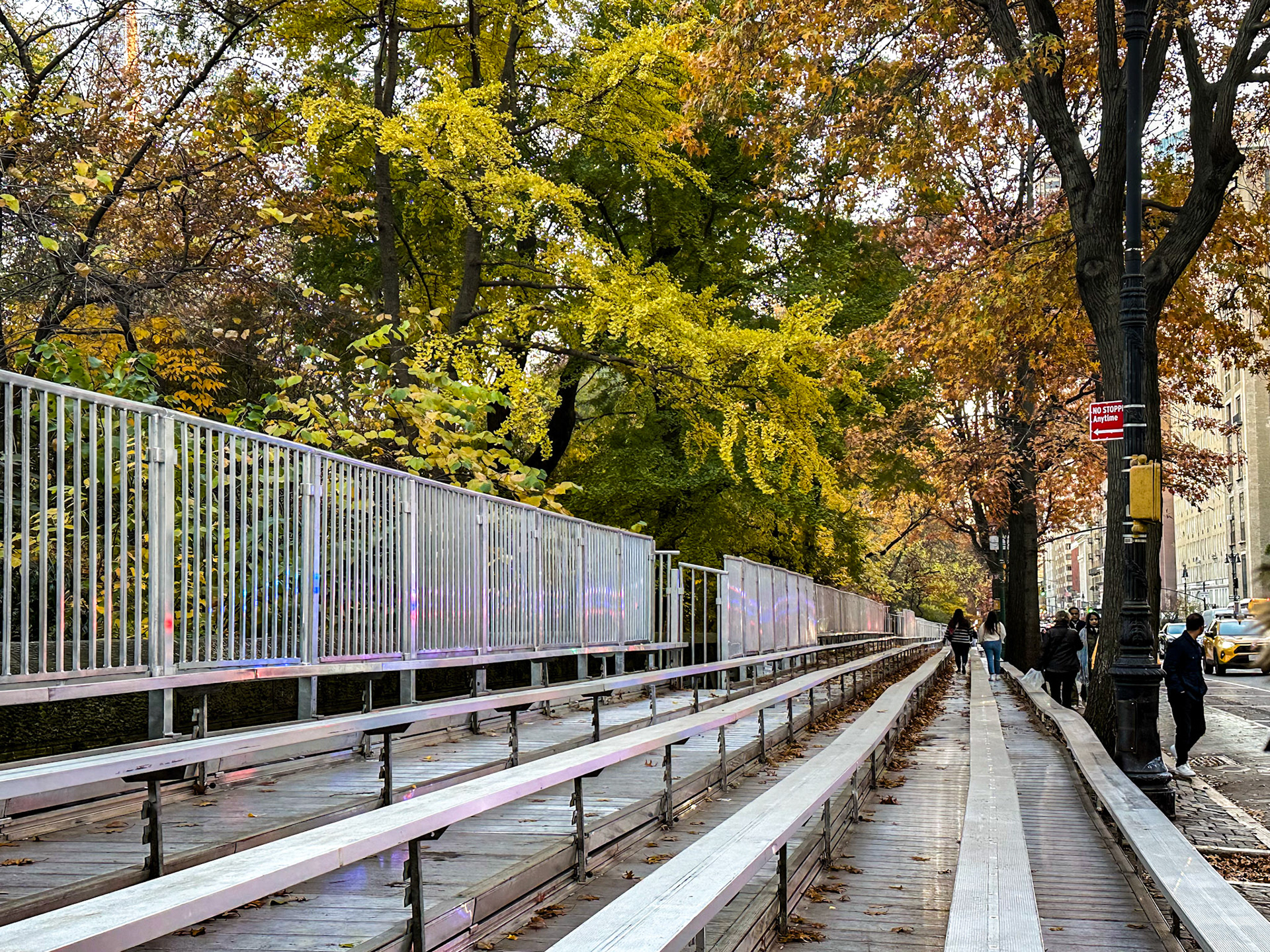 New York, NY, US - Nov 18, 2023: Temporary bleachers on Central Park West in preparation for Macy's Thanksgiving Day Parade