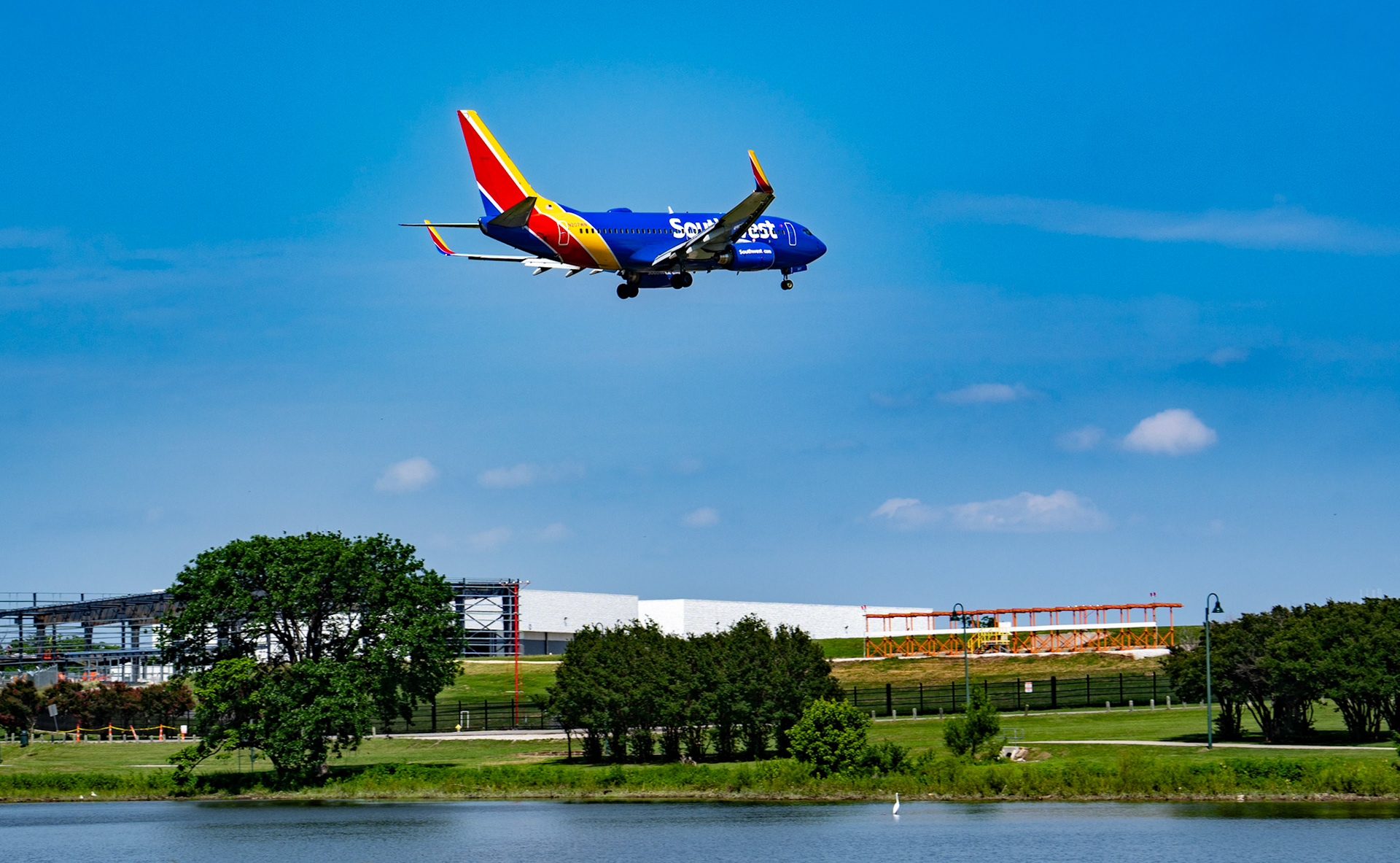 Dallas, TX, US - Jun 1, 2025: Southwest Boeing 737 landing at Love Field with a Great egret in the water below