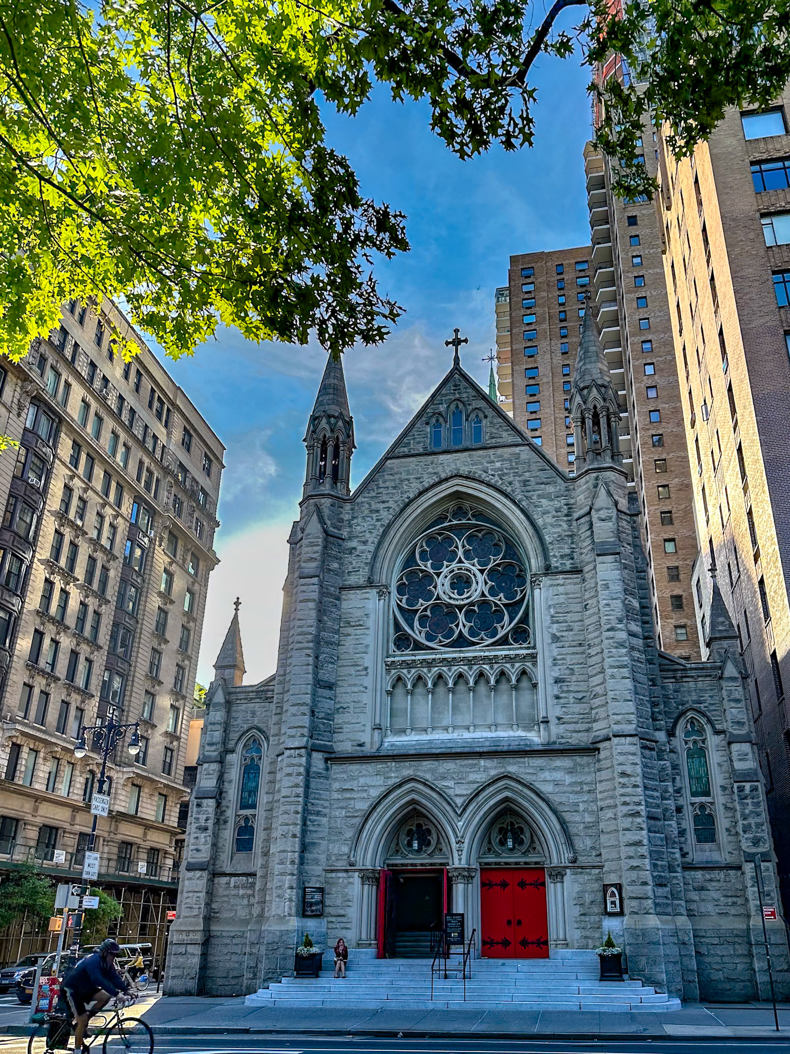 New York, NY, US - May 20, 2024: Holy Trinity Lutheran Church backlit by setting sun