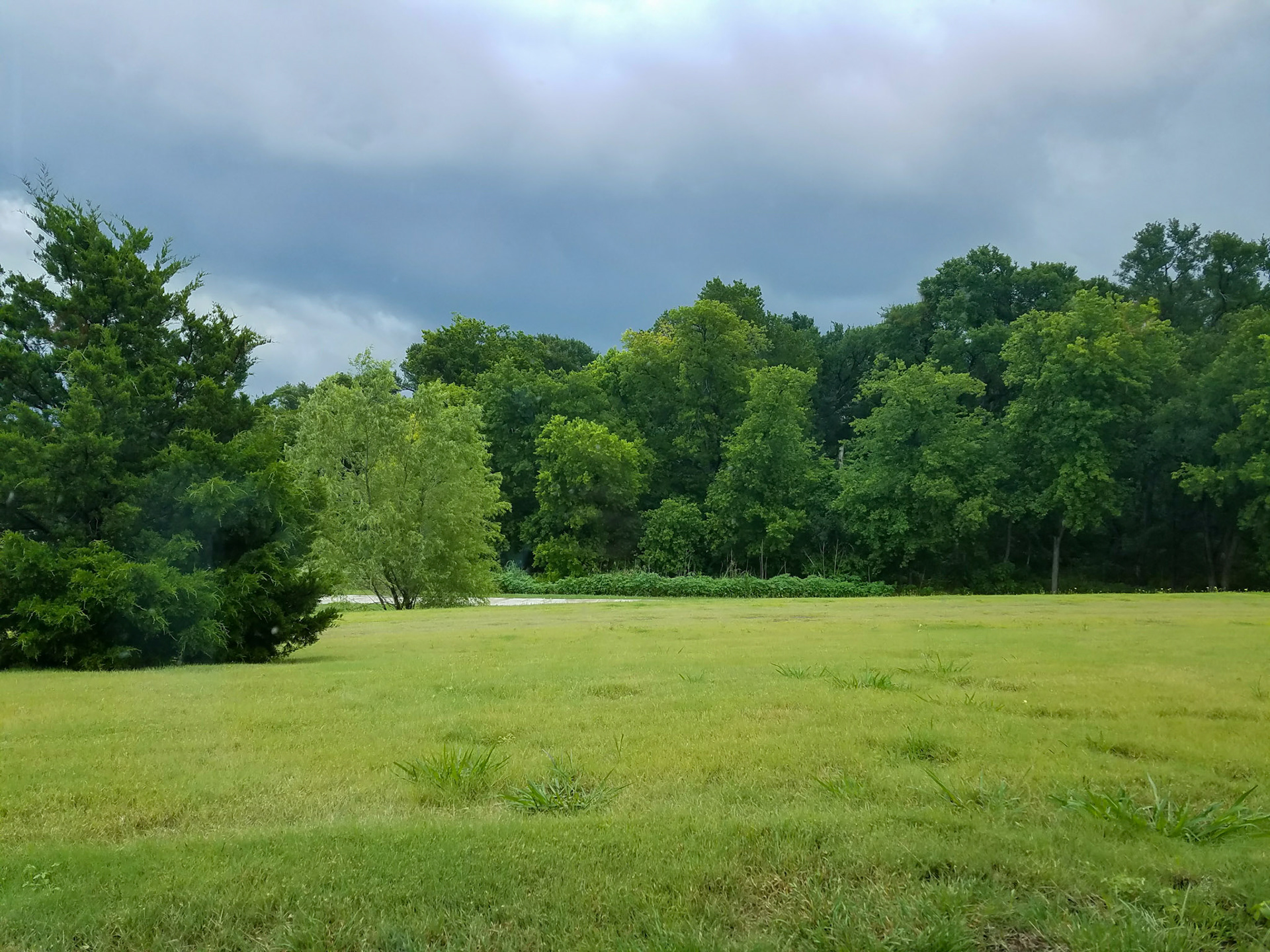Wylie, TX, US - Jun 2, 2017: Field, trees, and overcast sky