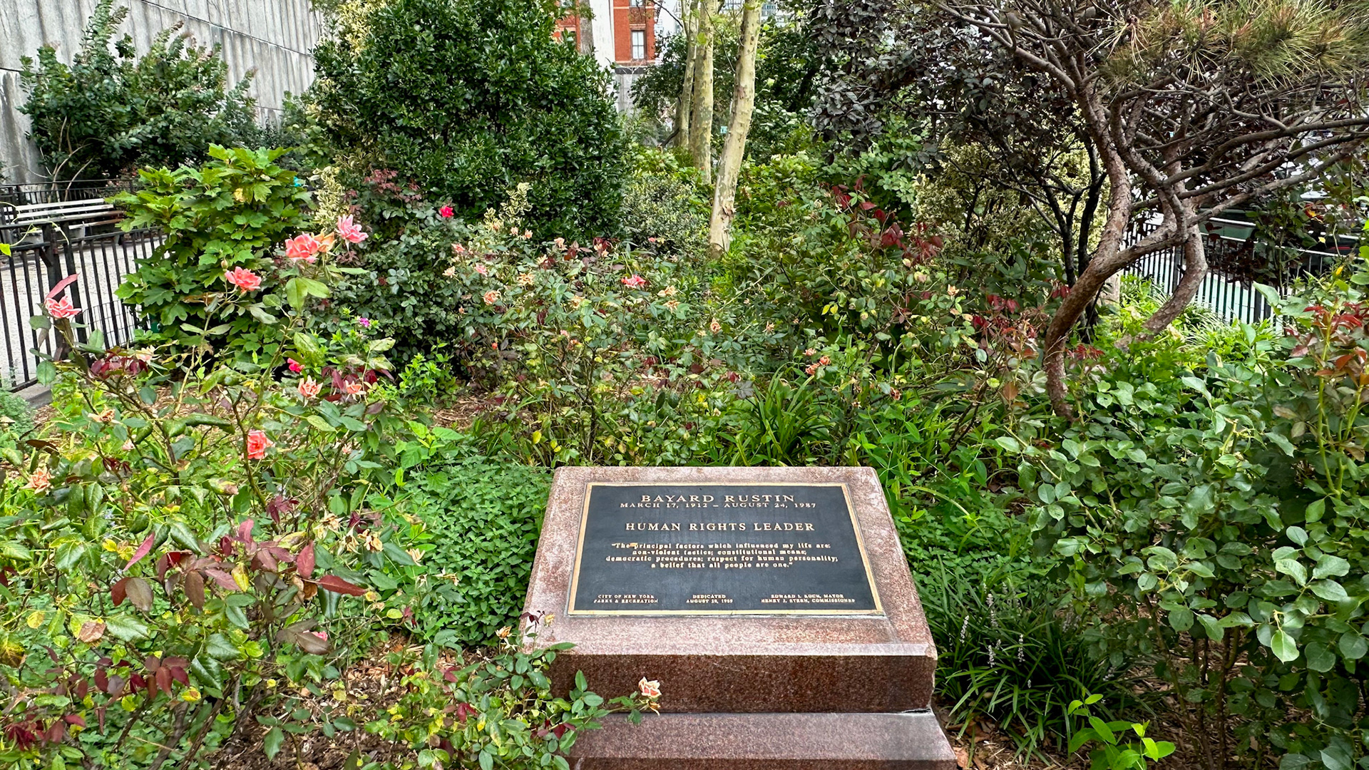 New York, NY, US - Aug 28, 2023: Bayard Rustin plaque in Ralph Bunche Park, Turtle Bay