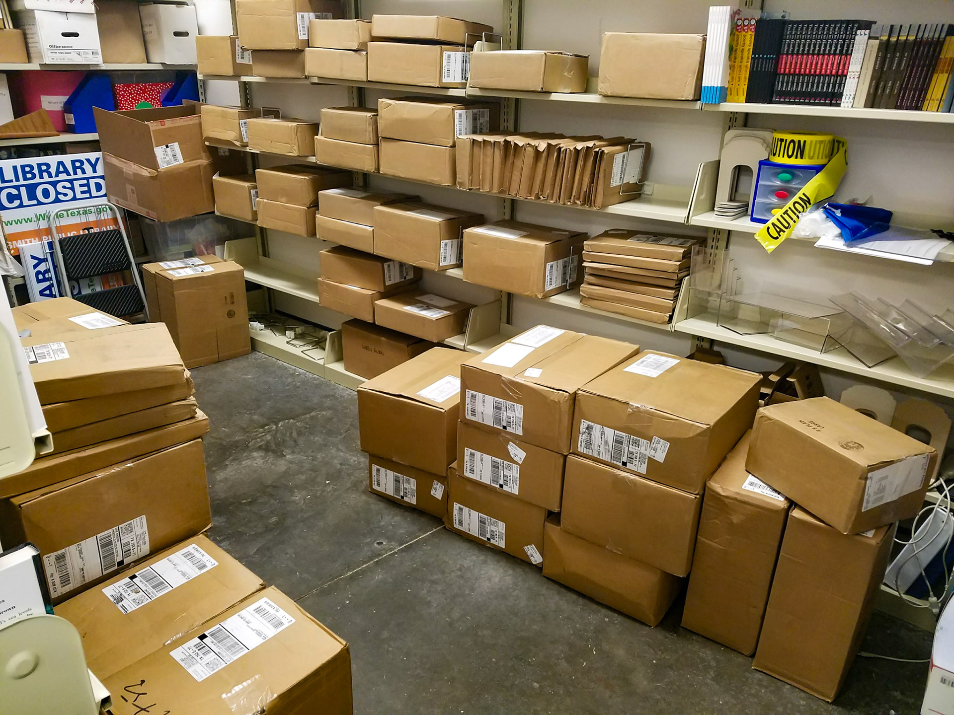 Wylie, TX, US - May 30, 2018: Storage room full of boxes waiting to be unpacked