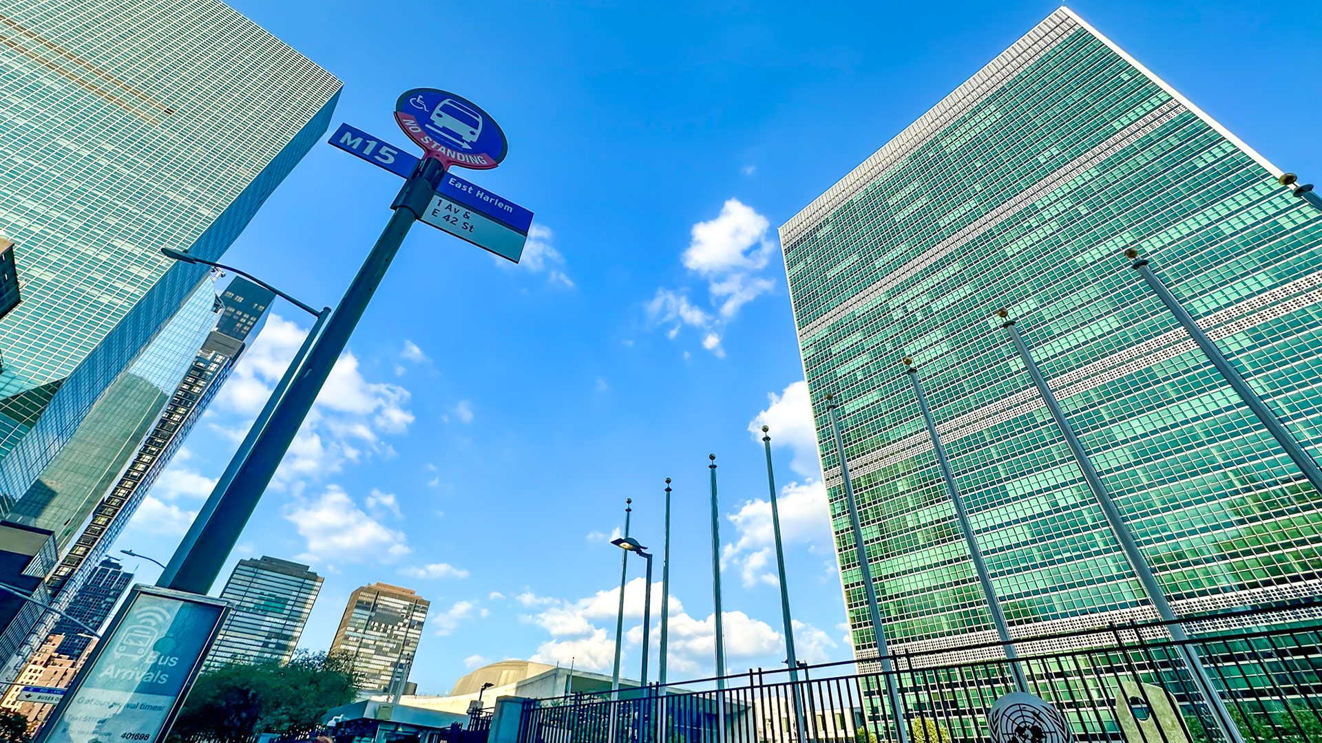New York, NY, US - Sep 6, 2023: UN buildings at M15 bus stop