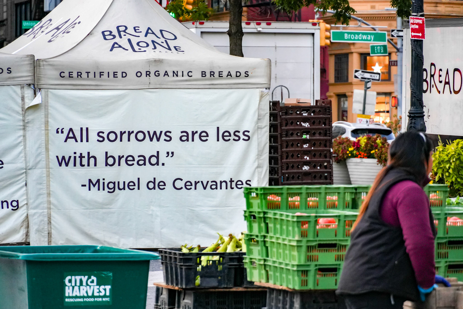 New York, NY, US - Nov 1, 2023: Bread Alone tent in Union Square with Miguel de Cervantes quote - "All sorrows are less with bread."