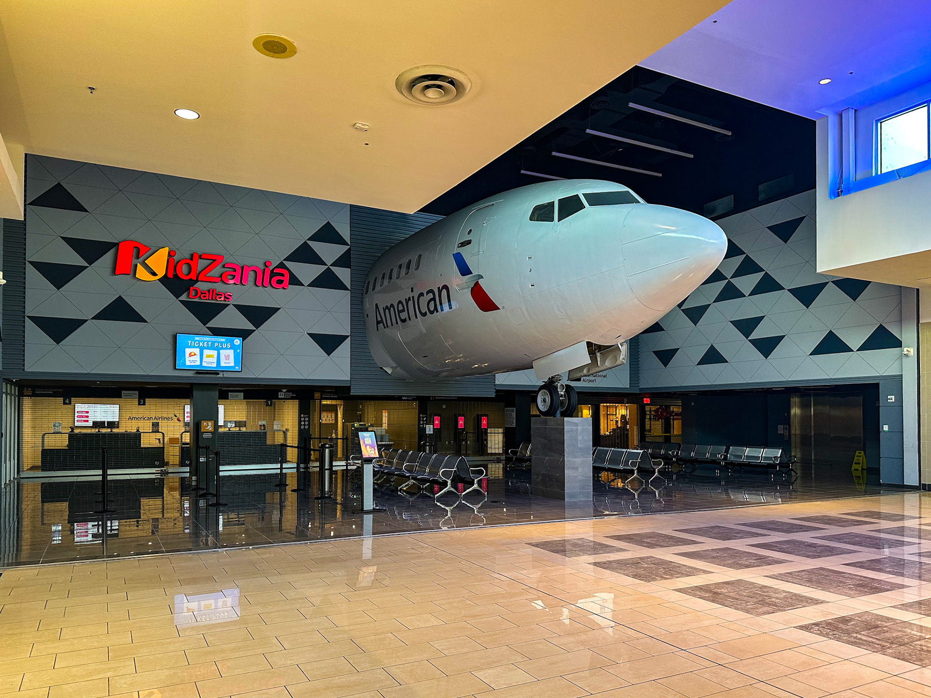 Frisco, TX, US - Jun 2, 2025: Front half of an American Airlines Boeing 737 at KidZania in the Stonebriar mall
