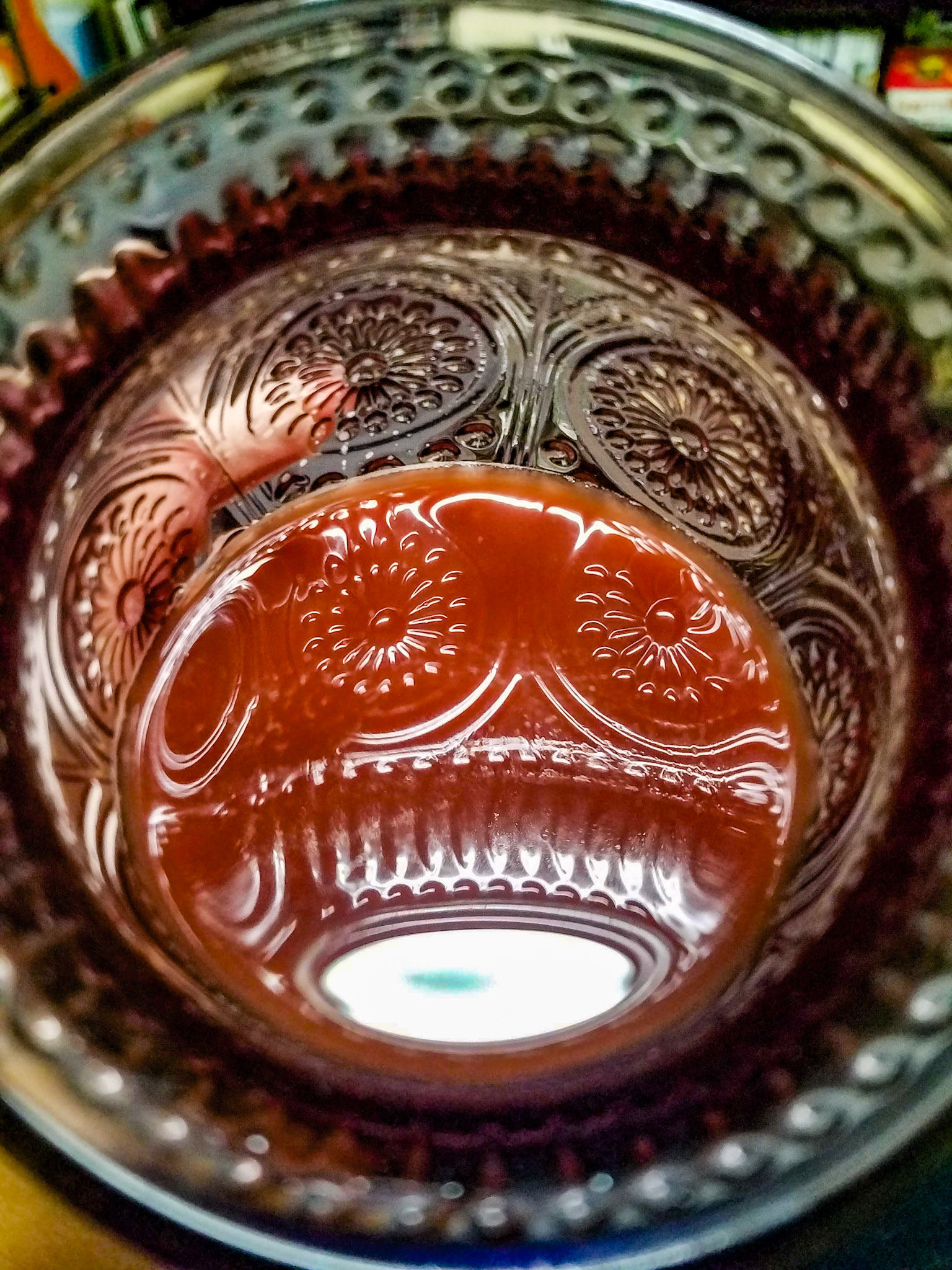 Orem, UT, US - Sep 28, 2018: Cherry juice in patterned goblet
