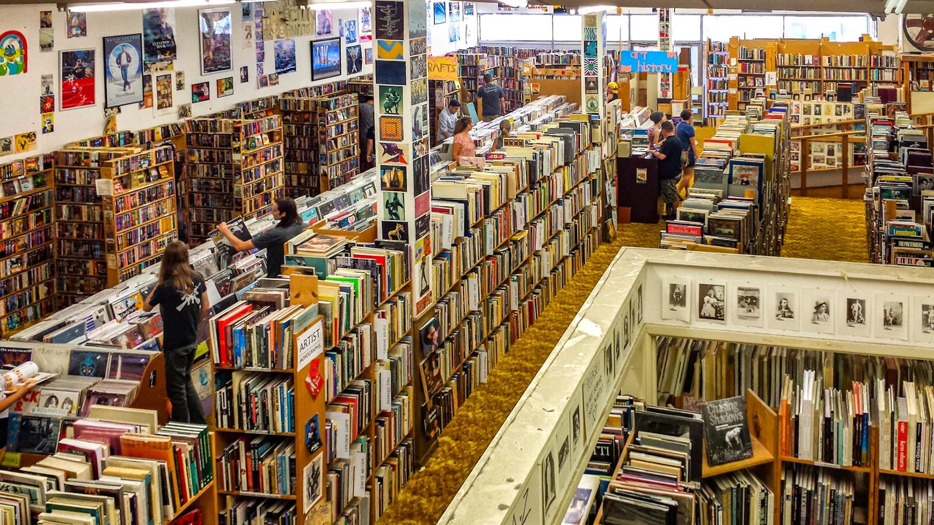 Denton, TX, US - Aug 31, 2014: Recycled Books interior, view of main floor from upper floor fiction section