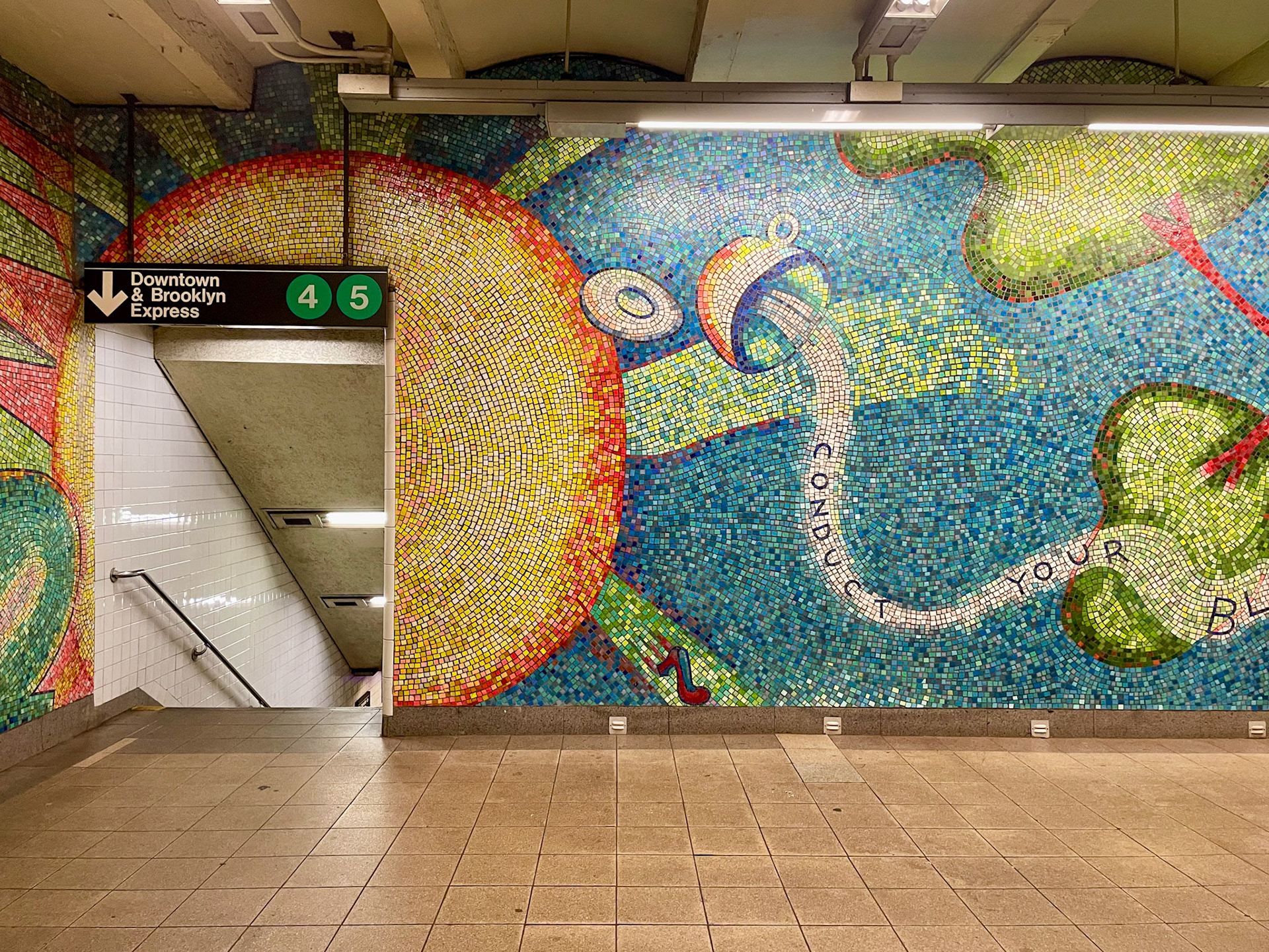 New York, NY - Jul 20, 2022: 59th St-Lexington Ave subway mosaic, "Blooming" by Elizabeth Murray