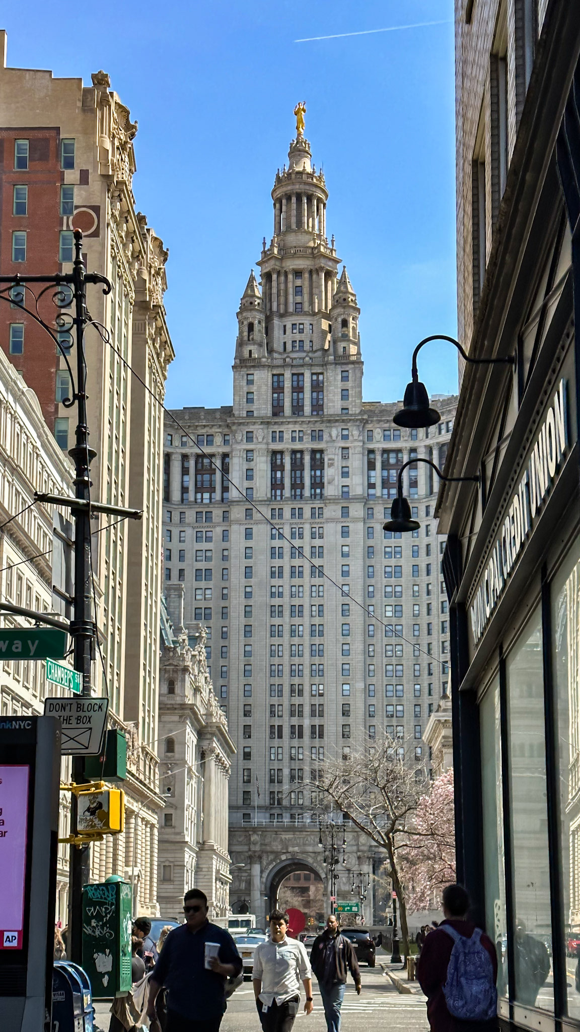 New York, NY, US - Apr 4, 2023: Lower Manhattan municipal buildings seen from Chambers Street