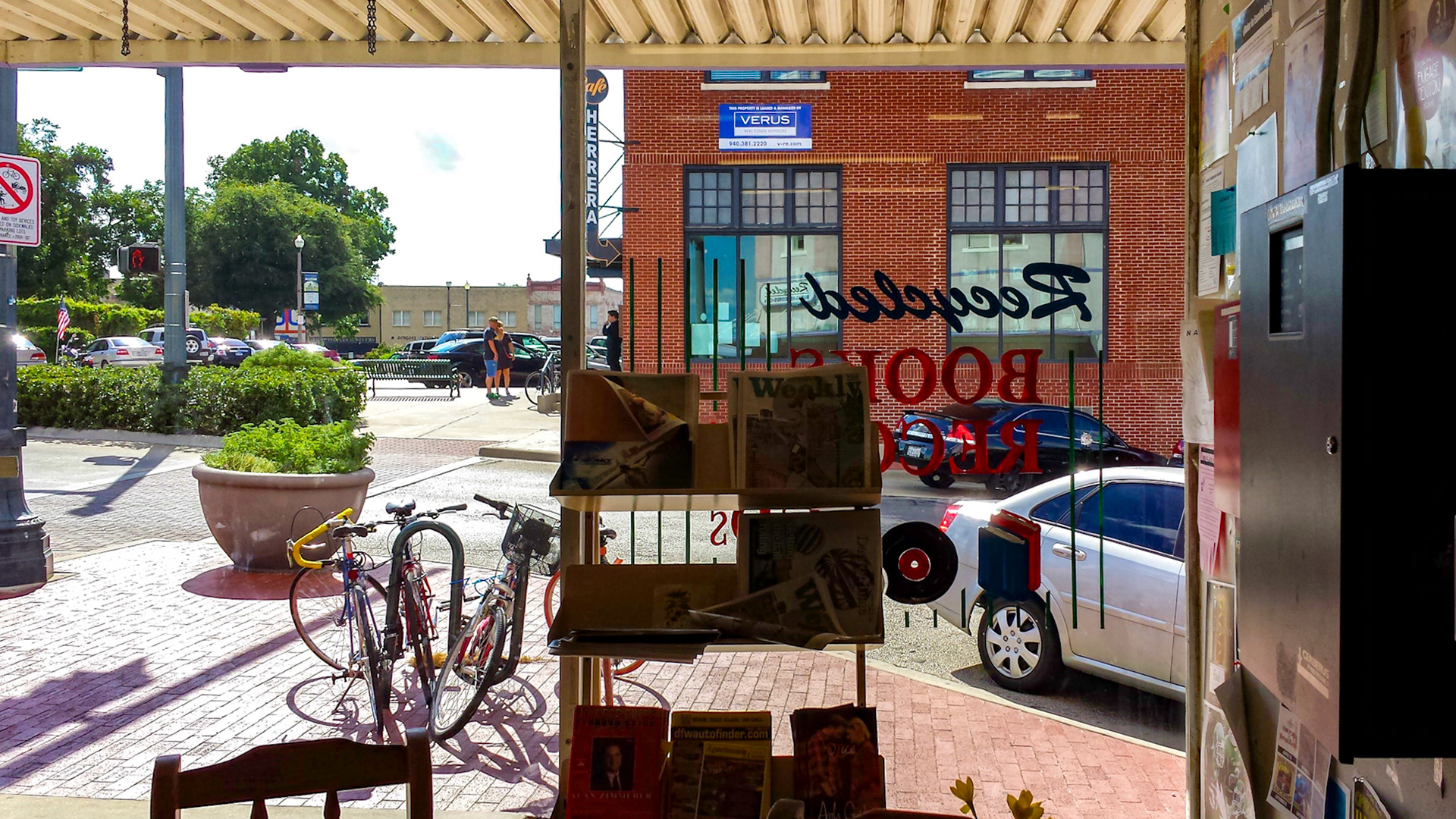 Denton, TX, US - Aug 31, 2014: Looking out into Denton Square from inside Recycled Books