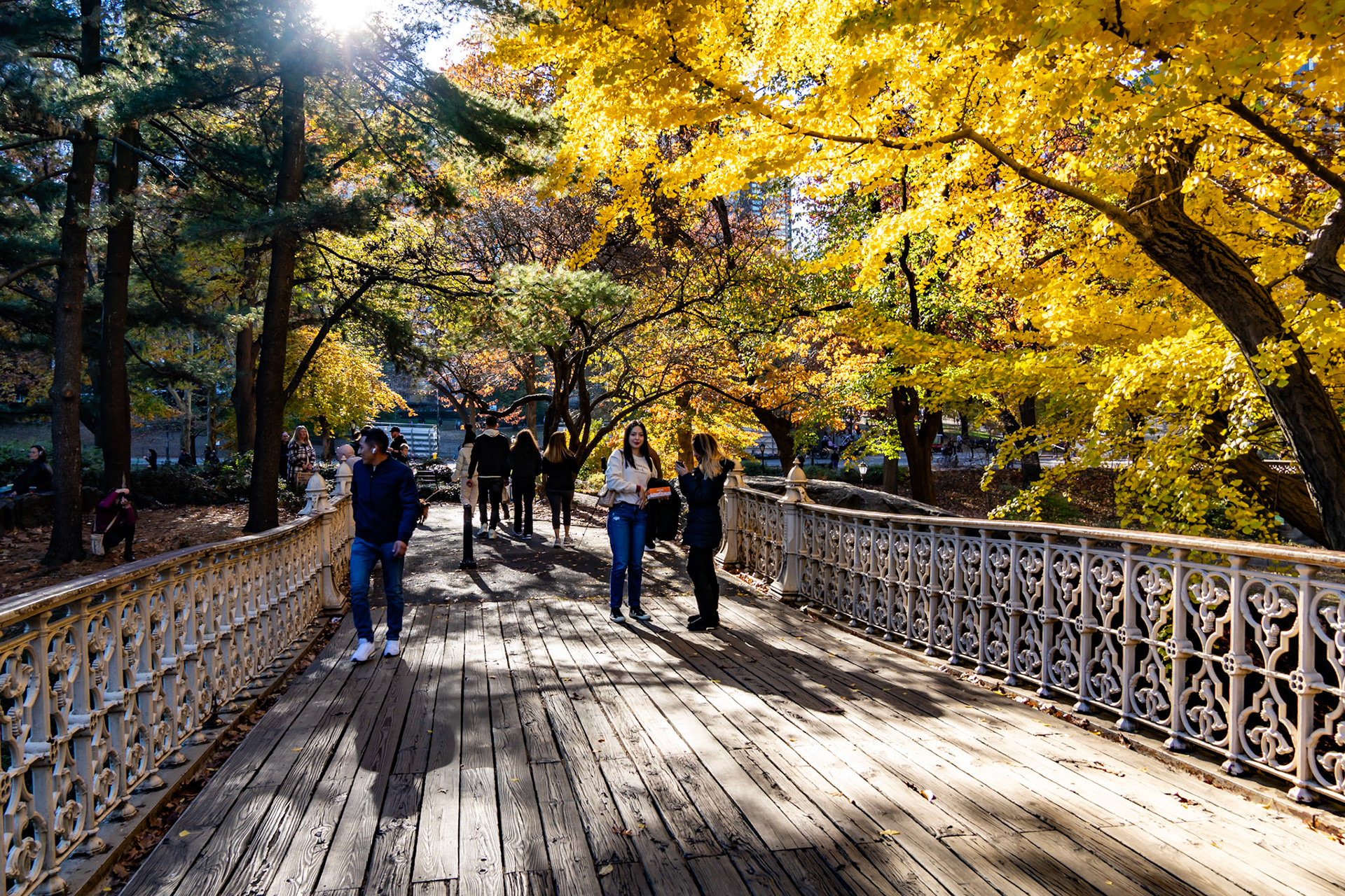 New York, NY, US - Nov 18, 2023: Pedestrians on Pinebank Arch bridge in Central Park