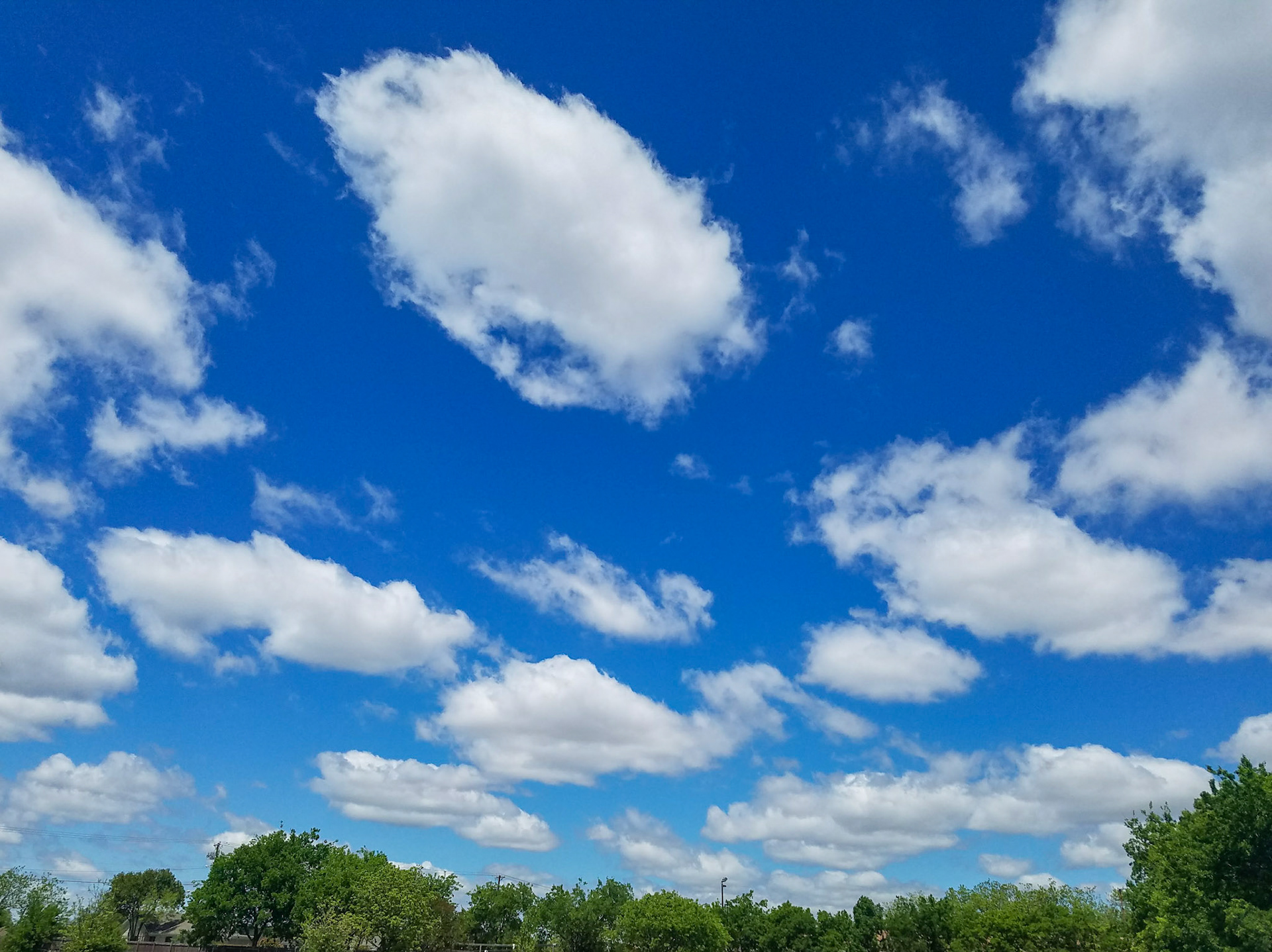Wylie, TX, US - Apr 22, 2018: Puffy white clouds over a row of trees