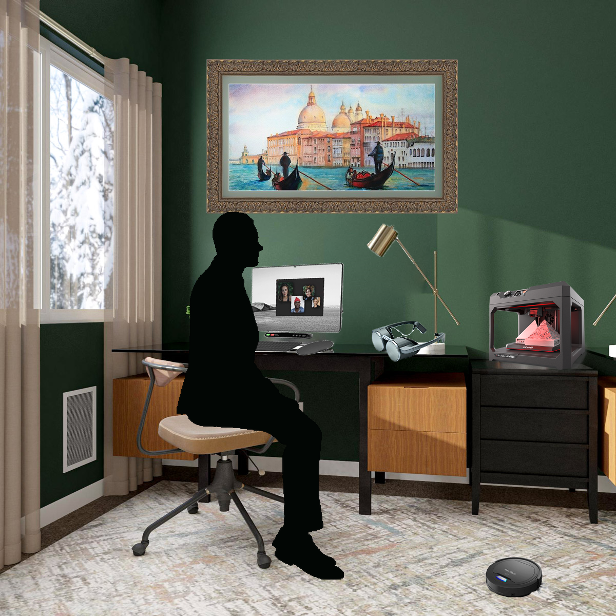 Mateo at his home office. His primary computer is a tablet laptop hybrid for portability. He also has a pair of VR google for when he need to attend meetings. And his 3-D printer is also present, this printer can print out model 10x as faster as 2020 models.