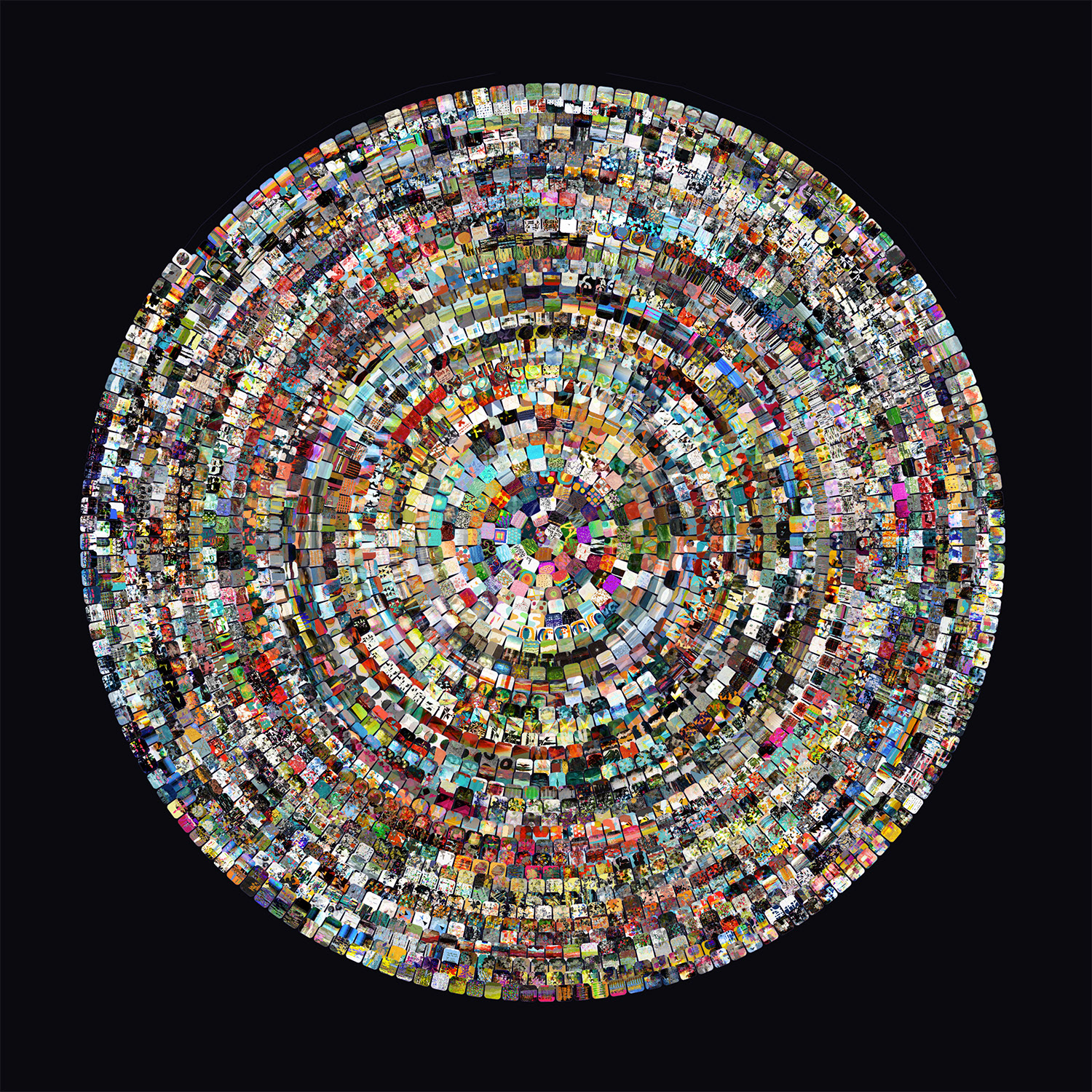 Stephanie Krimmel, 2796 images from the Daily Art Habit organized by date in a spiral, digital composite image printed on paper as a poster, 36 x 36 inches, 2026