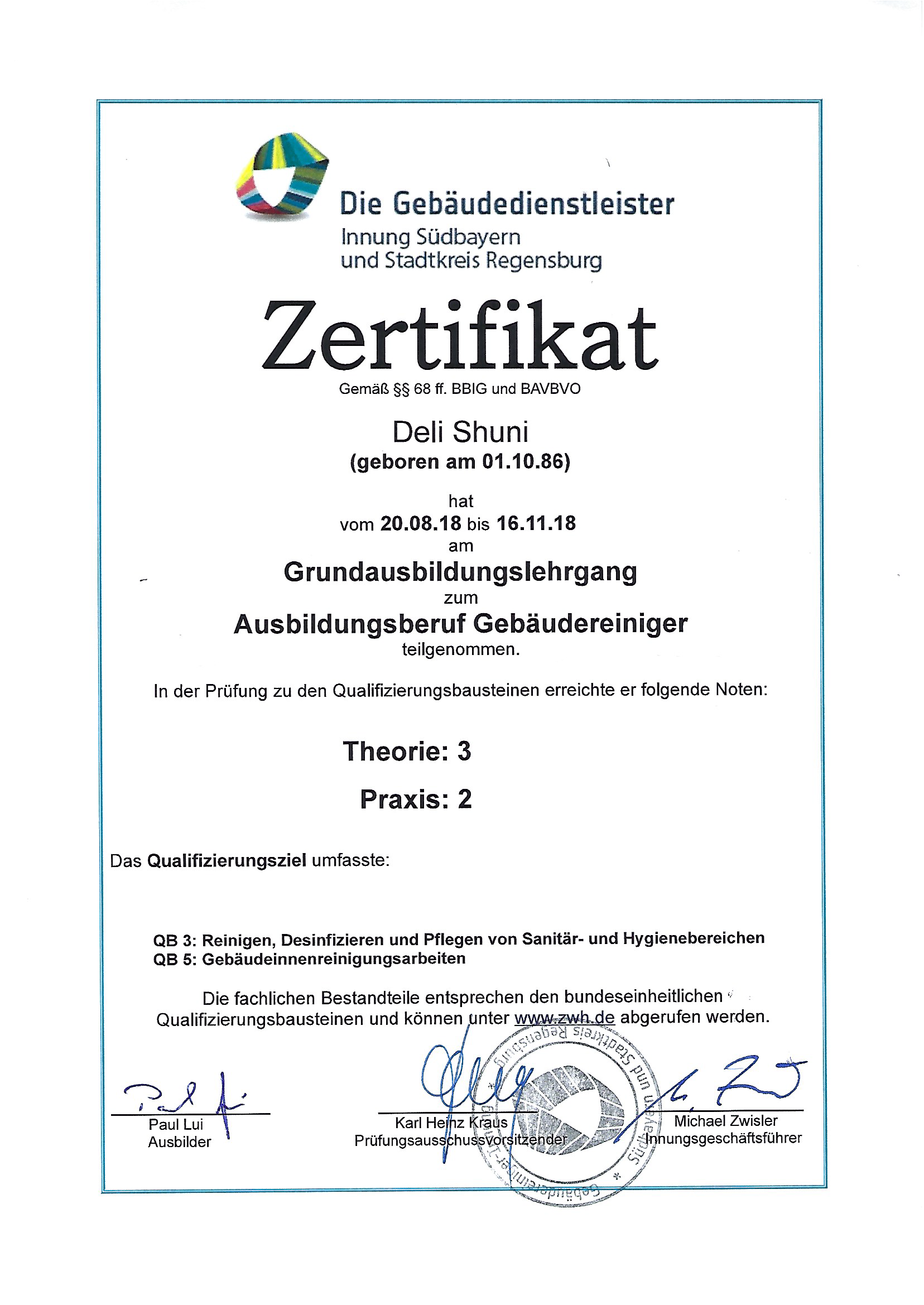 AES - Gebäudereinigung - Zertifikat QB 3 und QB 5 - Deli Shuni