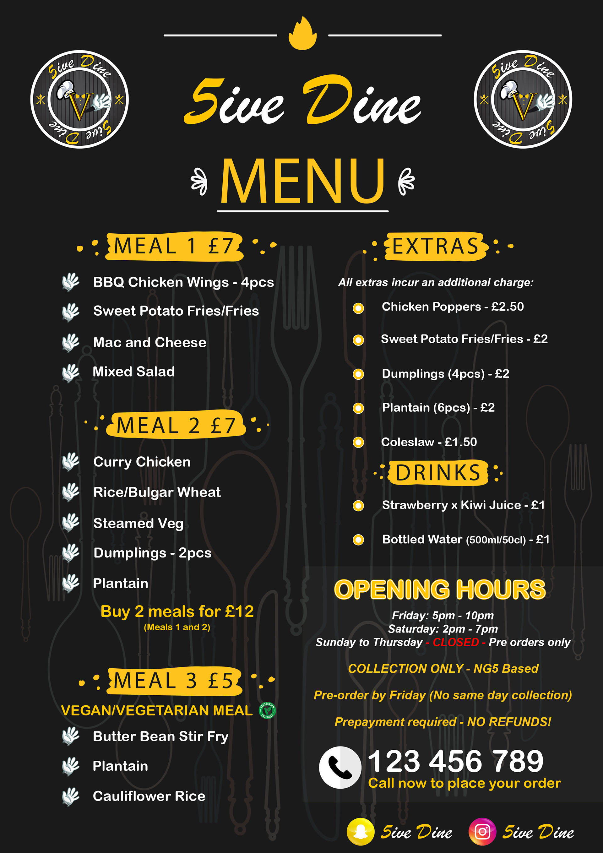 5ive Dine Menu ~ Graphic Design and Print Marketing Materials (PDFs)