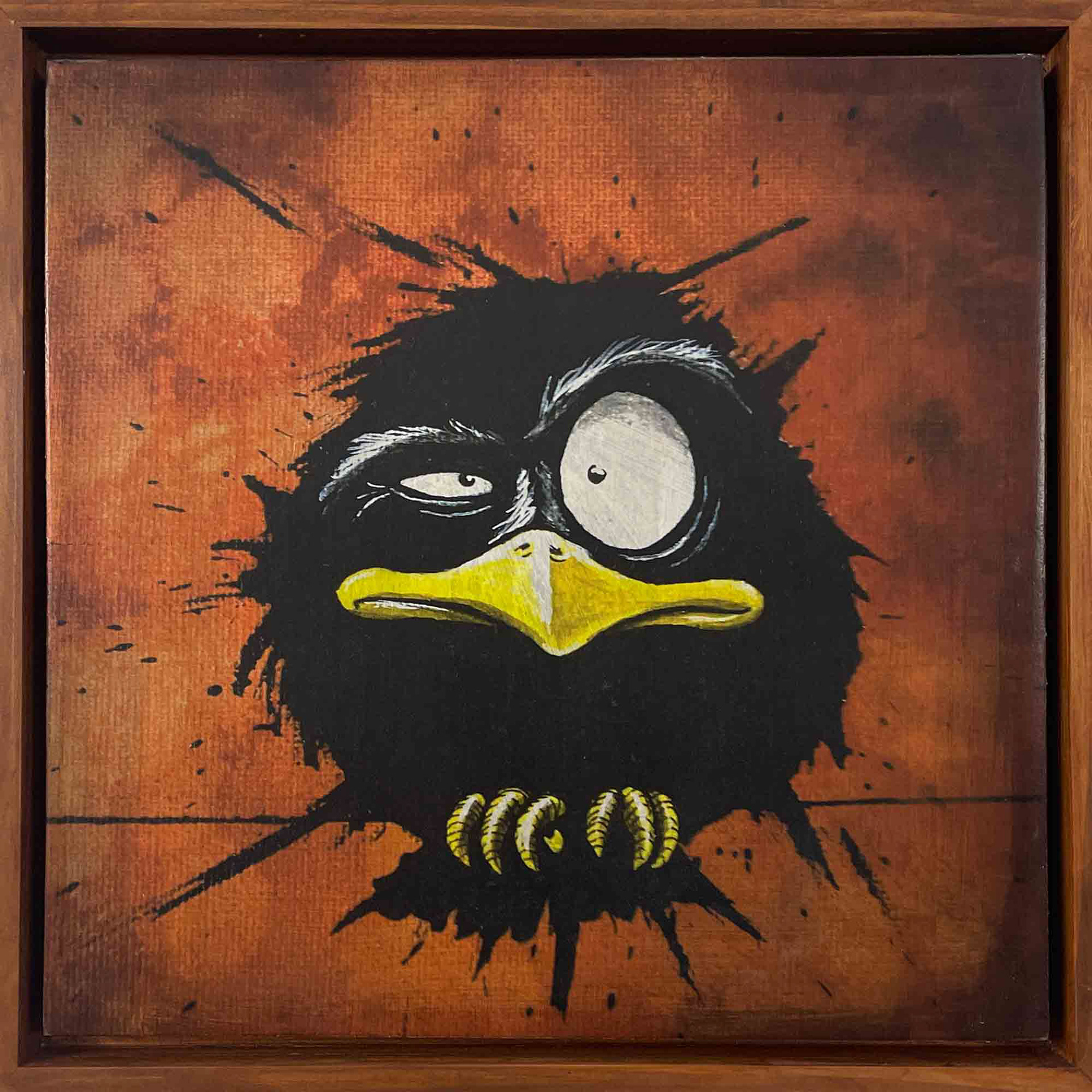 "SPATZ", Mischtechnik auf Holzplatte Schattenfugenrahmen, 32*32cm, Beispielpreis: 250,-