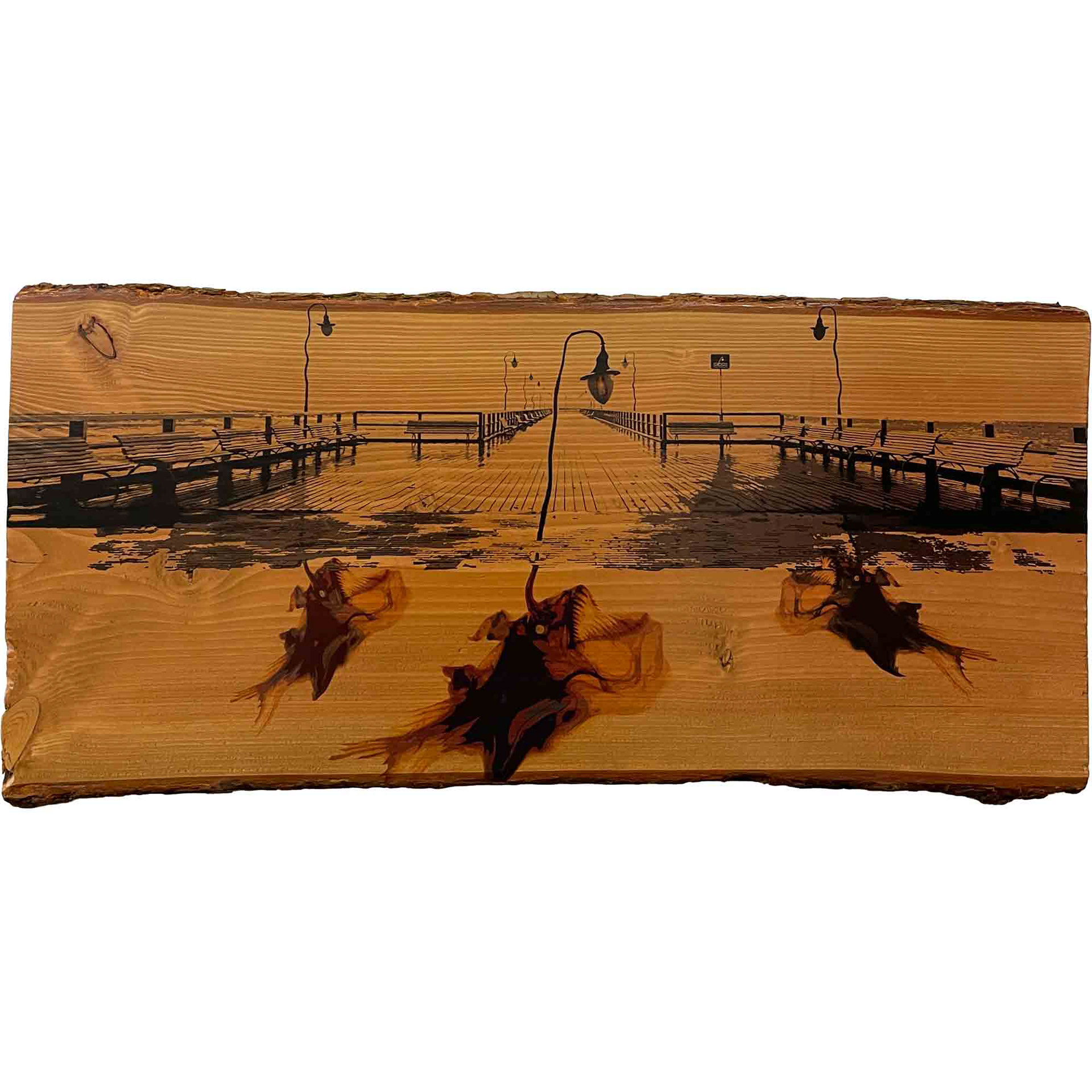 "LEER GEFISCHT", Originaldruck/Malerei lasierte Douglasiebohle, 80*40cm, Beispielpreis: 450,-