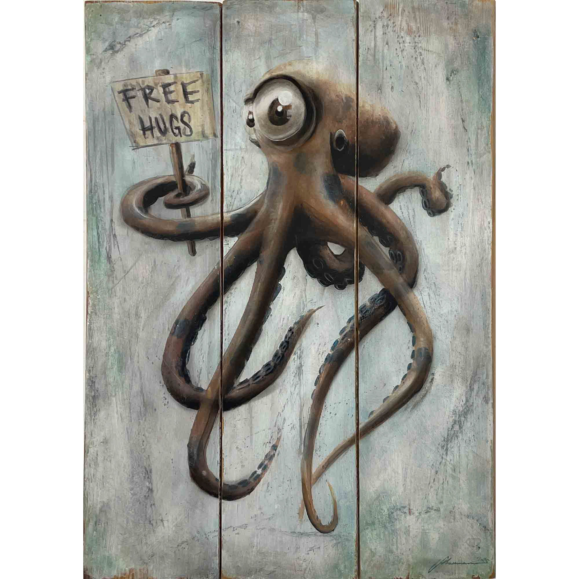 "FREE HUGS II", Originaldruck Holzdielen, 75*105cm, Beispielpreis: 1.850,-