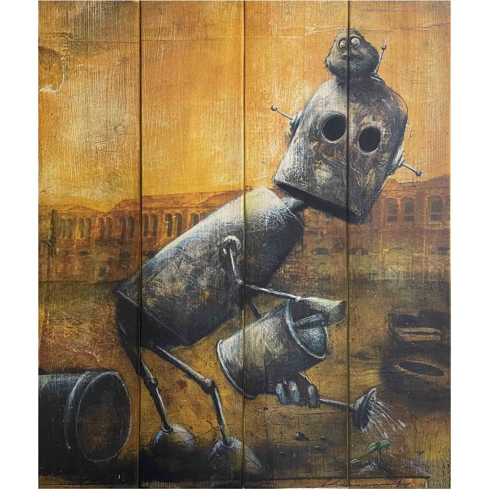 "LAST SURVIVORS", Originaldruck auf Holzdielen, 57*67cm, Beispielpreis: 450,-