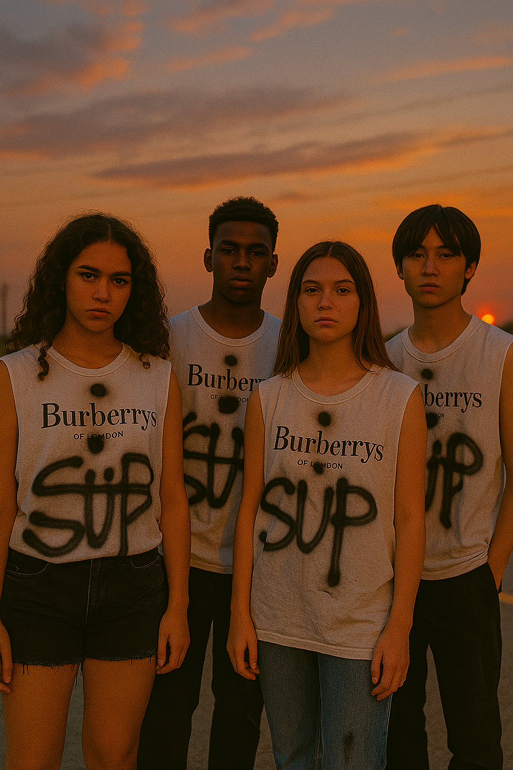 models wearing customized Burberrys of London tank tops with black spray-painted graphics, standing outdoors at sunset, photographed for WPBP fashion storytelling project, 2025.