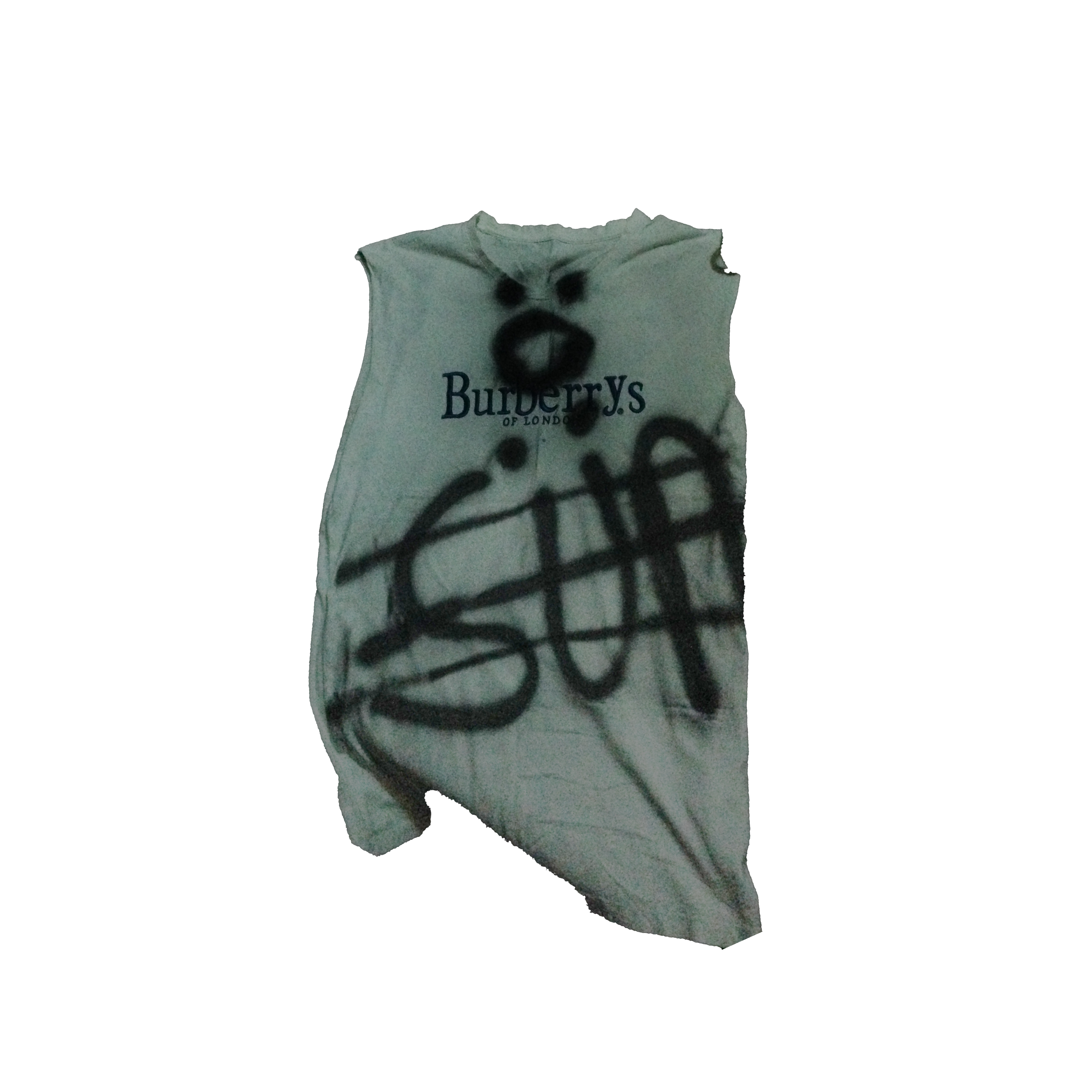 Spray-painted Burberrys of London sleeveless shirt customized with graffiti art, created by Bradlee Mwesigwa and Fatherlesssun for WPBP, 2025.