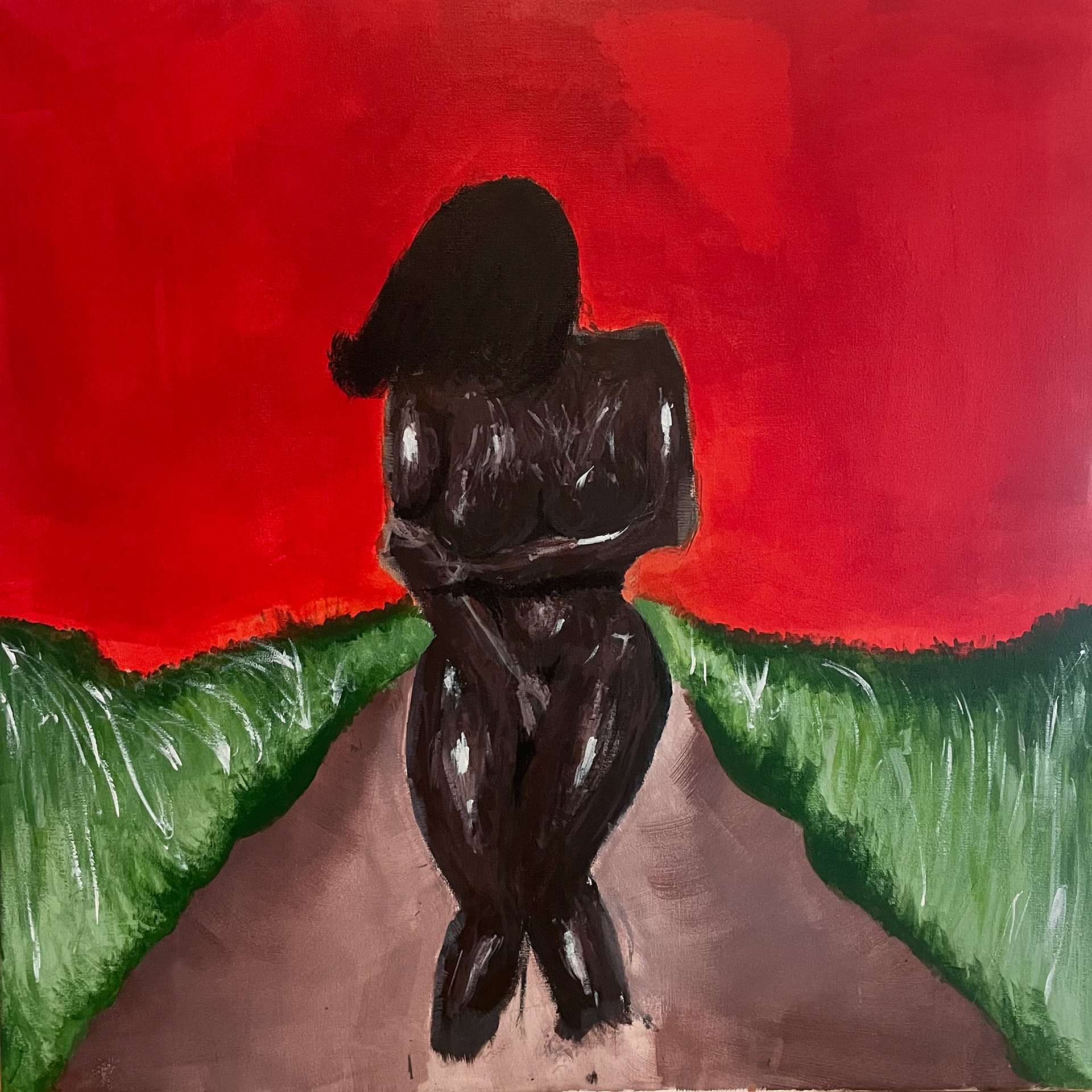  painting of a dark-skinned nude female figure sitting on a path, arms crossed over her chest, with her head slightly bowed and hair covering part of her face. The background features a vivid red sky and grassy green fields on either side of the path. The figure’s body is rendered with heavy brushstrokes, giving it a sculptural, raw texture. The overall atmosphere conveys pain, strength, and solitude.