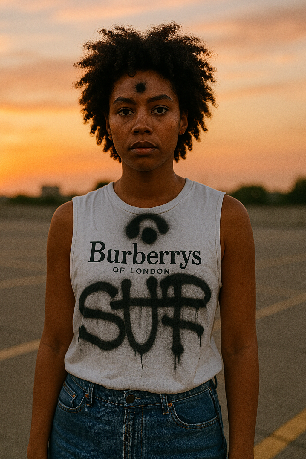 Two models wearing customized Burberrys of London tank tops with black spray-painted graphics, standing outdoors at sunset, photographed for WPBP fashion storytelling project, 2025.
