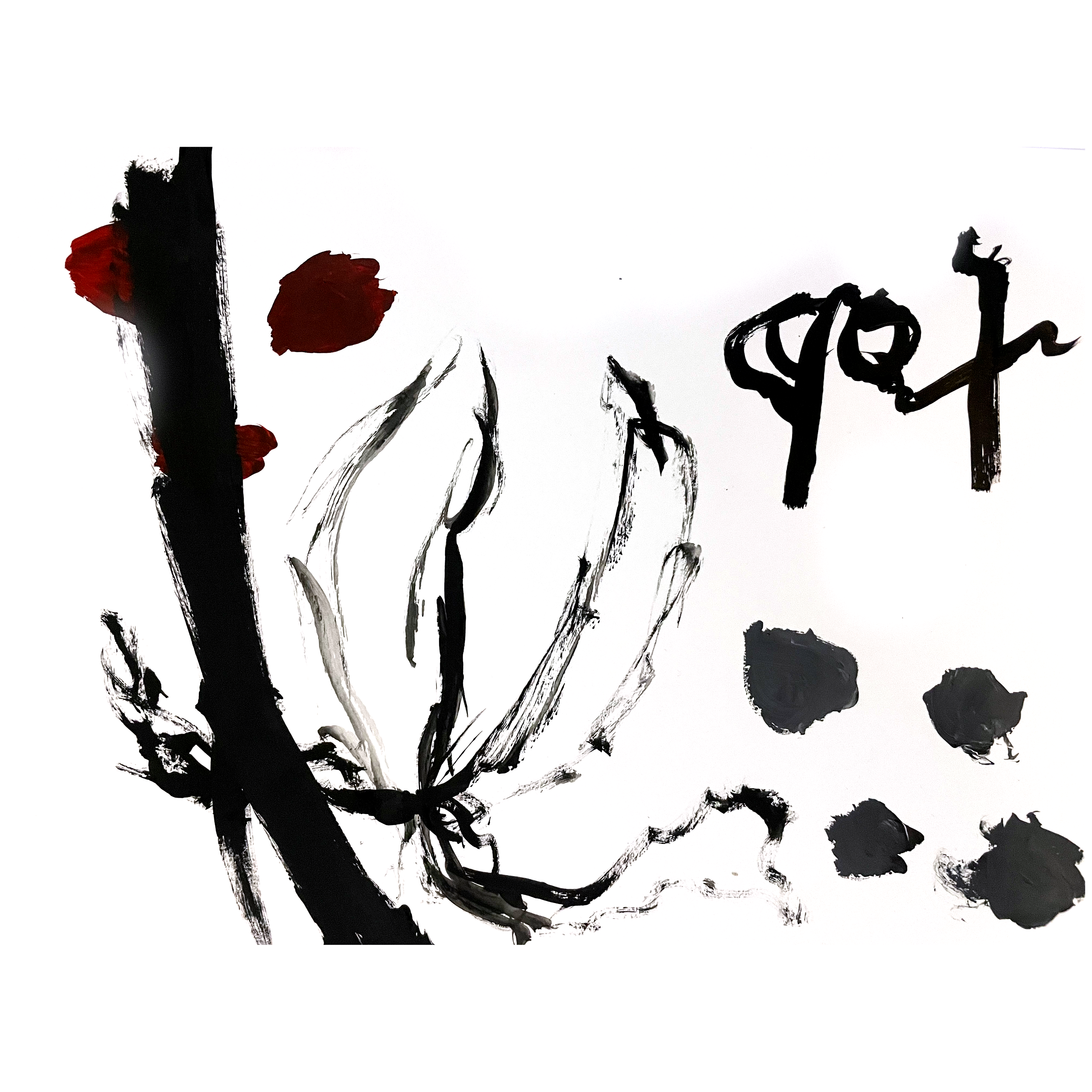 Abstract calligraphy ink painting by Bradlee Mwesigwa, created in 2025. Bold black brushstrokes with deep red accents on white canvas.