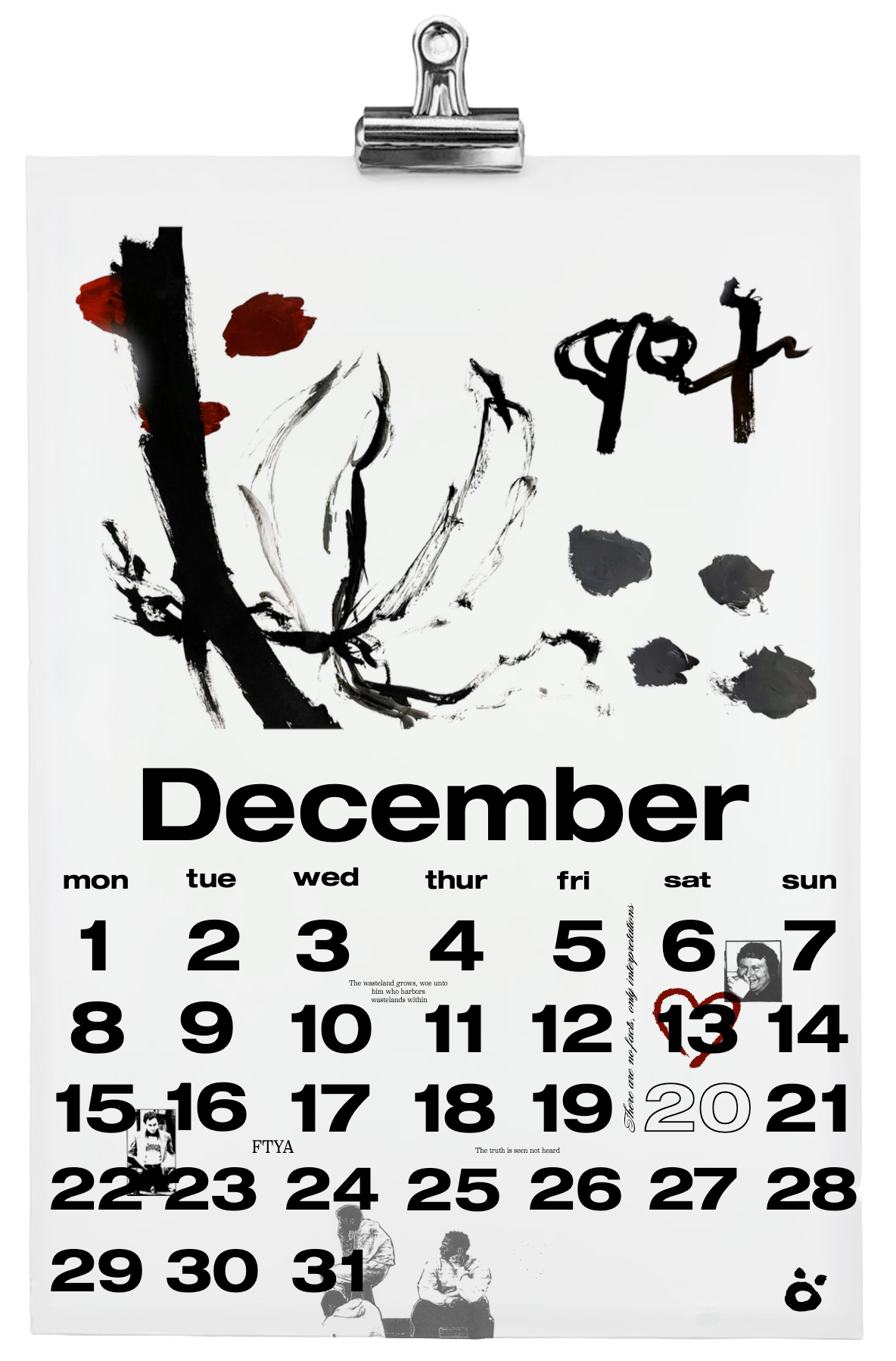 December 2025 art print calendar by Bradlee Mwesigwa, featuring minimalist abstract black brushstrokes, red accents, and collaged photos on a white background. Available at brdlee.com.
