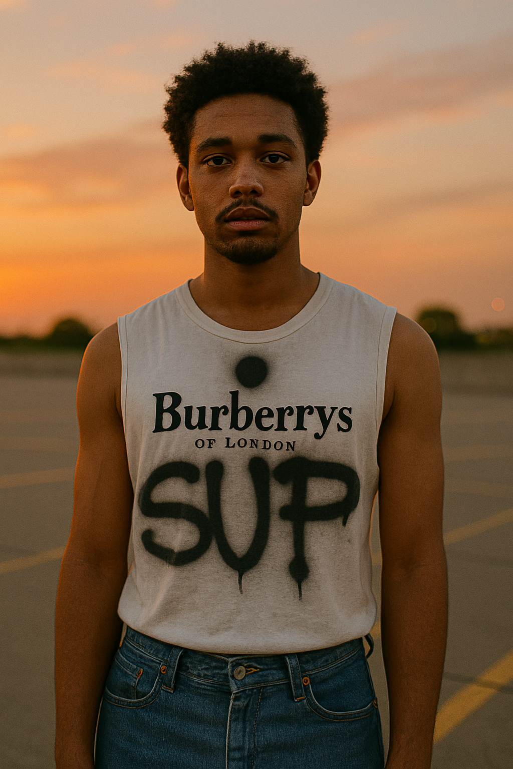 Two models wearing customized Burberrys of London tank tops with black spray-painted graphics, standing outdoors at sunset, photographed for WPBP fashion storytelling project, 2025.