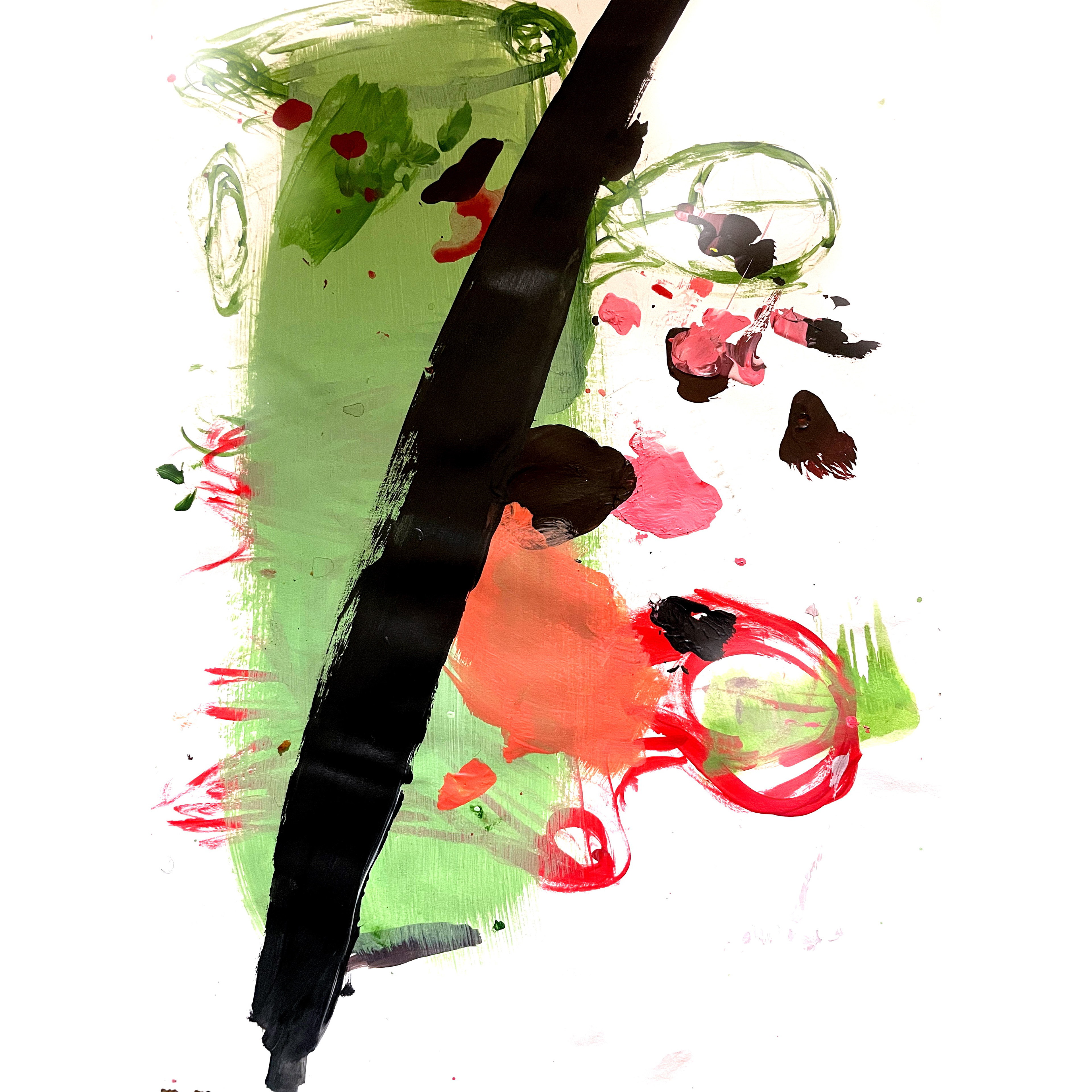 Color study abstract painting by Bradlee Mwesigwa, 2025. Bold black stripe crossing vibrant splashes of red, green, and pink on a white canvas.