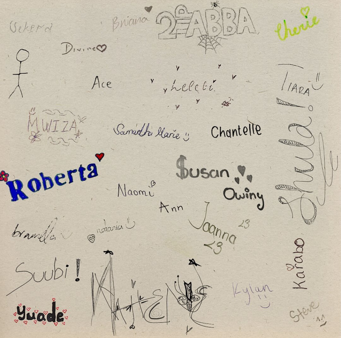 Artwork titled WE ARE ALL ARTISTS by Bradlee Mwesigwa, featuring a collage of handwritten names and doodles on textured paper, symbolizing universal creativity, 2025.