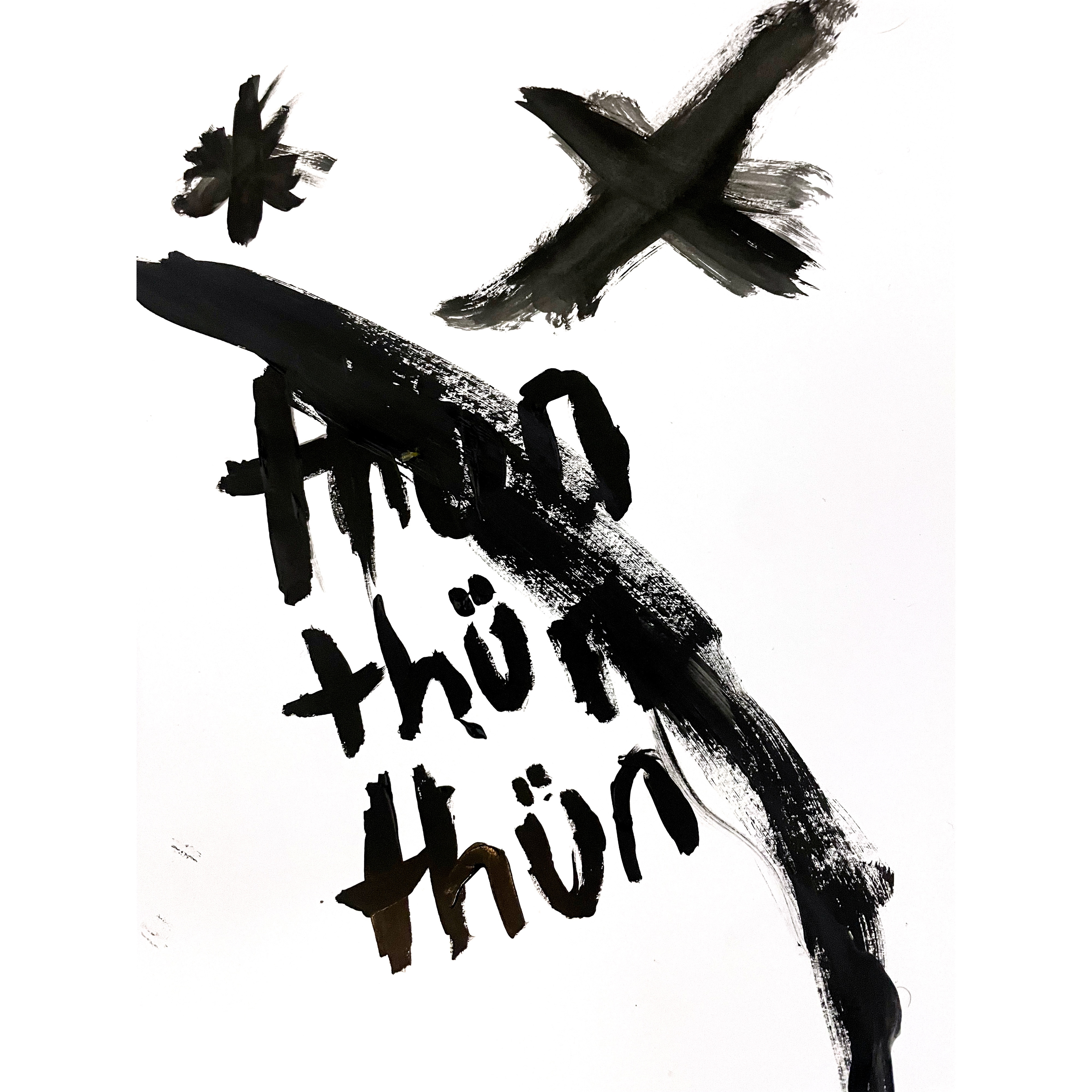 'Thun' abstract expression painting by Bradlee Mwesigwa, 2025. Bold black brushstrokes and spontaneous lettering on white canvas.