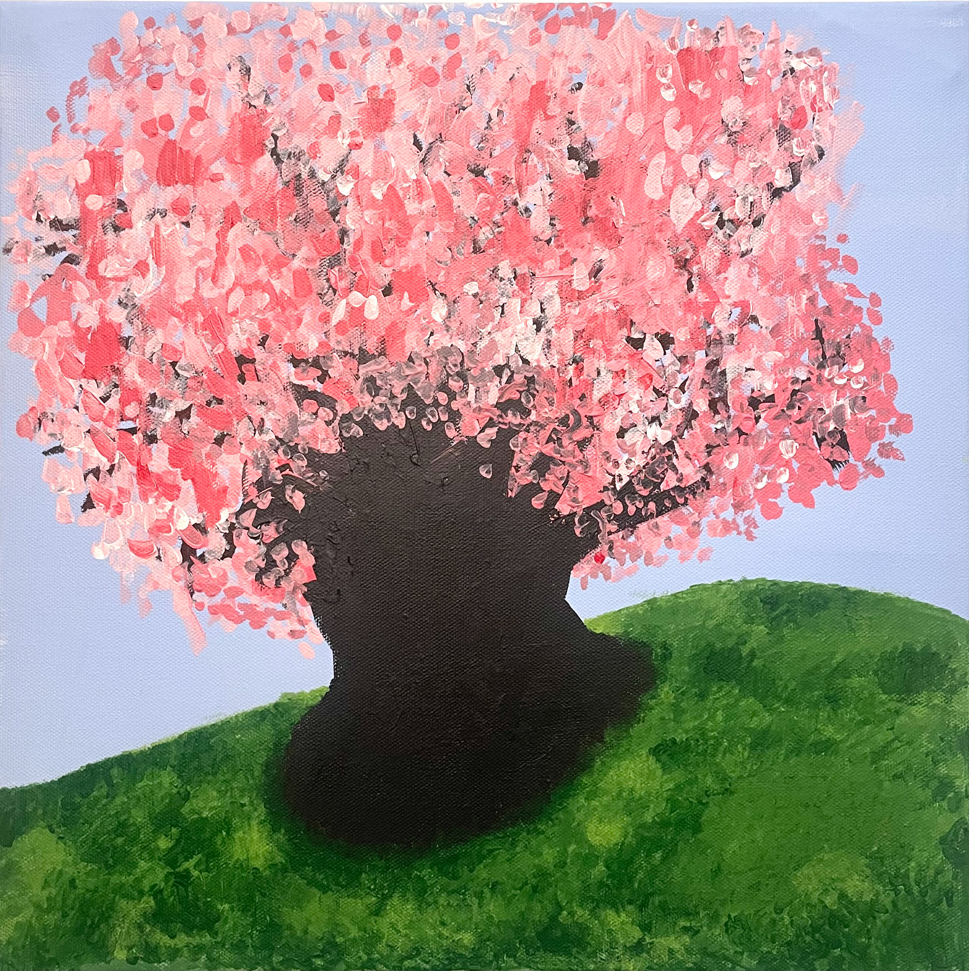 The Tree I Fell In Love With, an acrylic painting by Bradlee Mwesigwa, showing a black tree trunk with vibrant pink blossoms on a green hill under a soft blue sky, 2025.