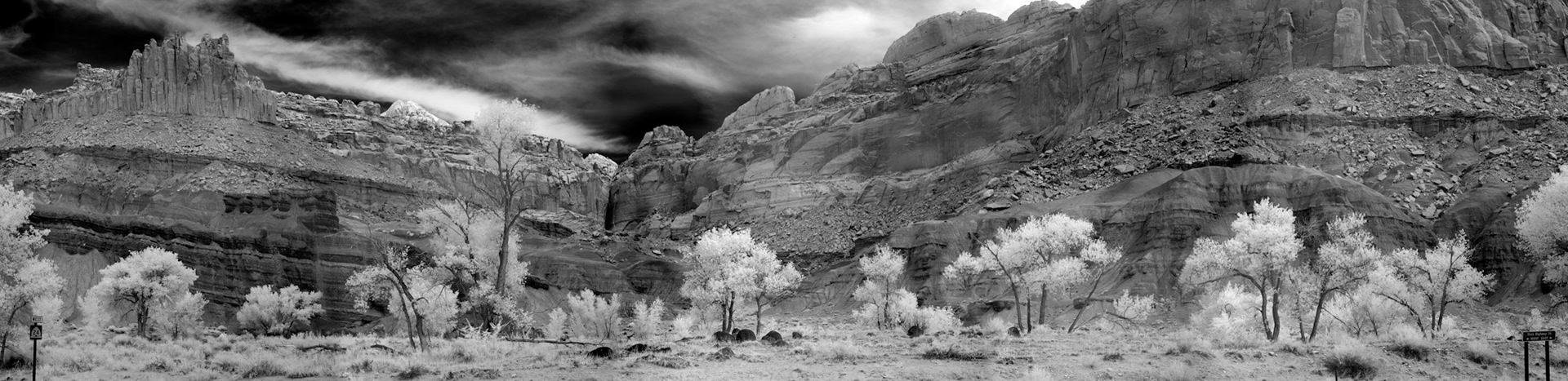 An infrared panaorama of the park entrance to Capitol Reef National Monument in Utah.