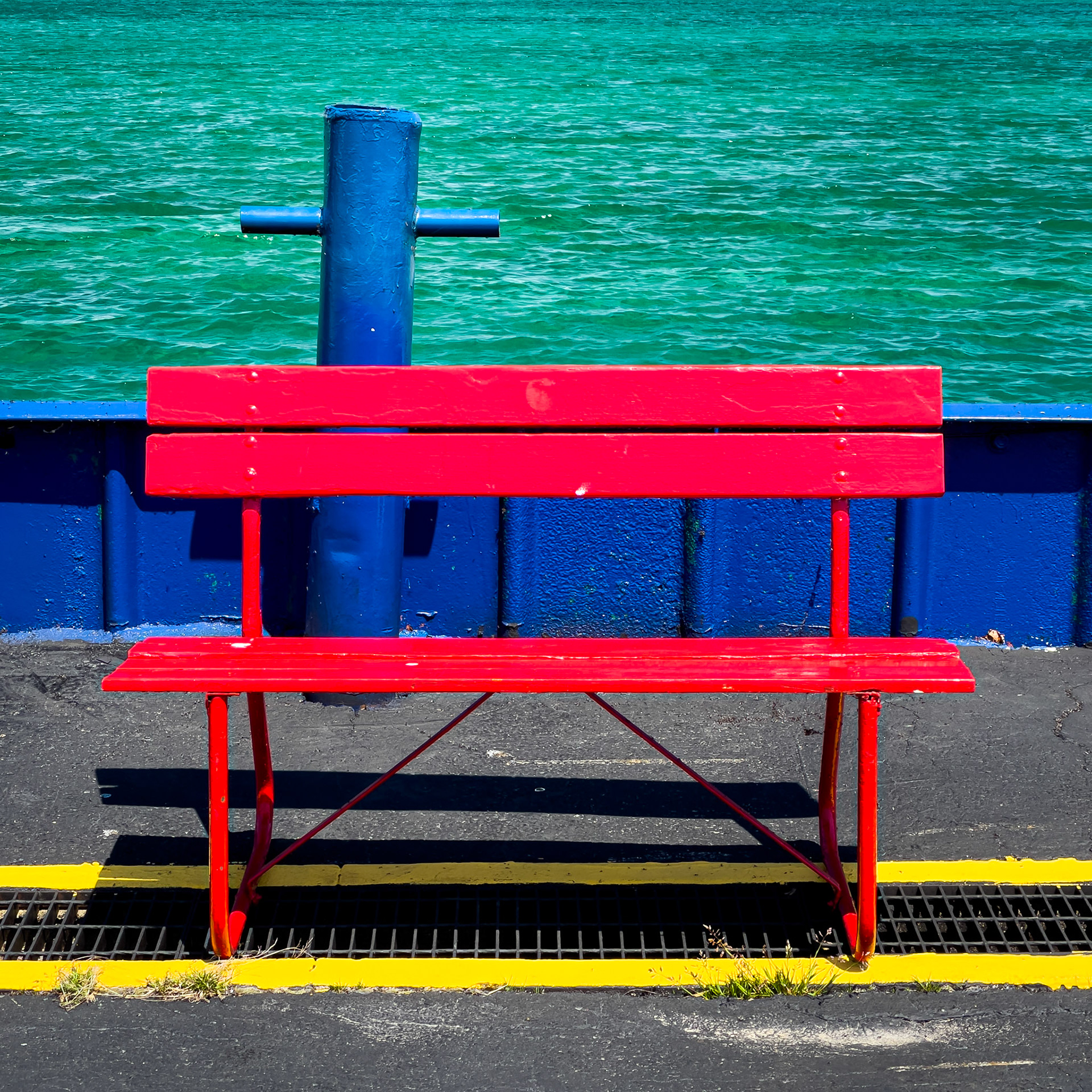 Bench at the waiting area for the Star Line ferry from Mackinaw City to Mackinac Island