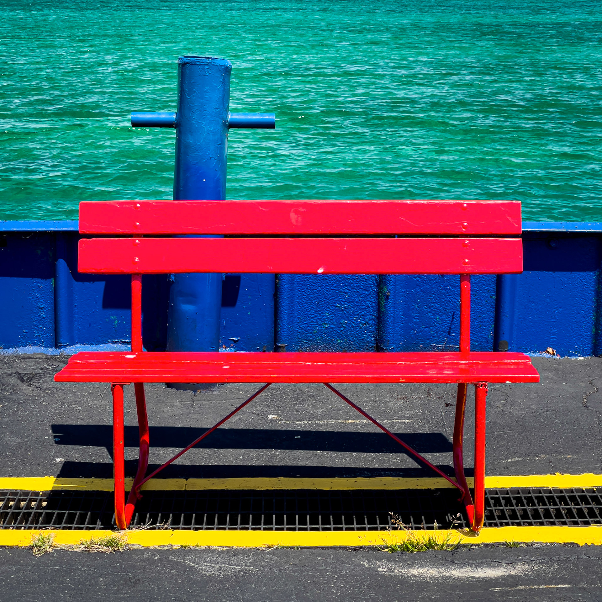 Bench at the waiting area for the Star Line ferry from Mackinaw City to Mackinac Island